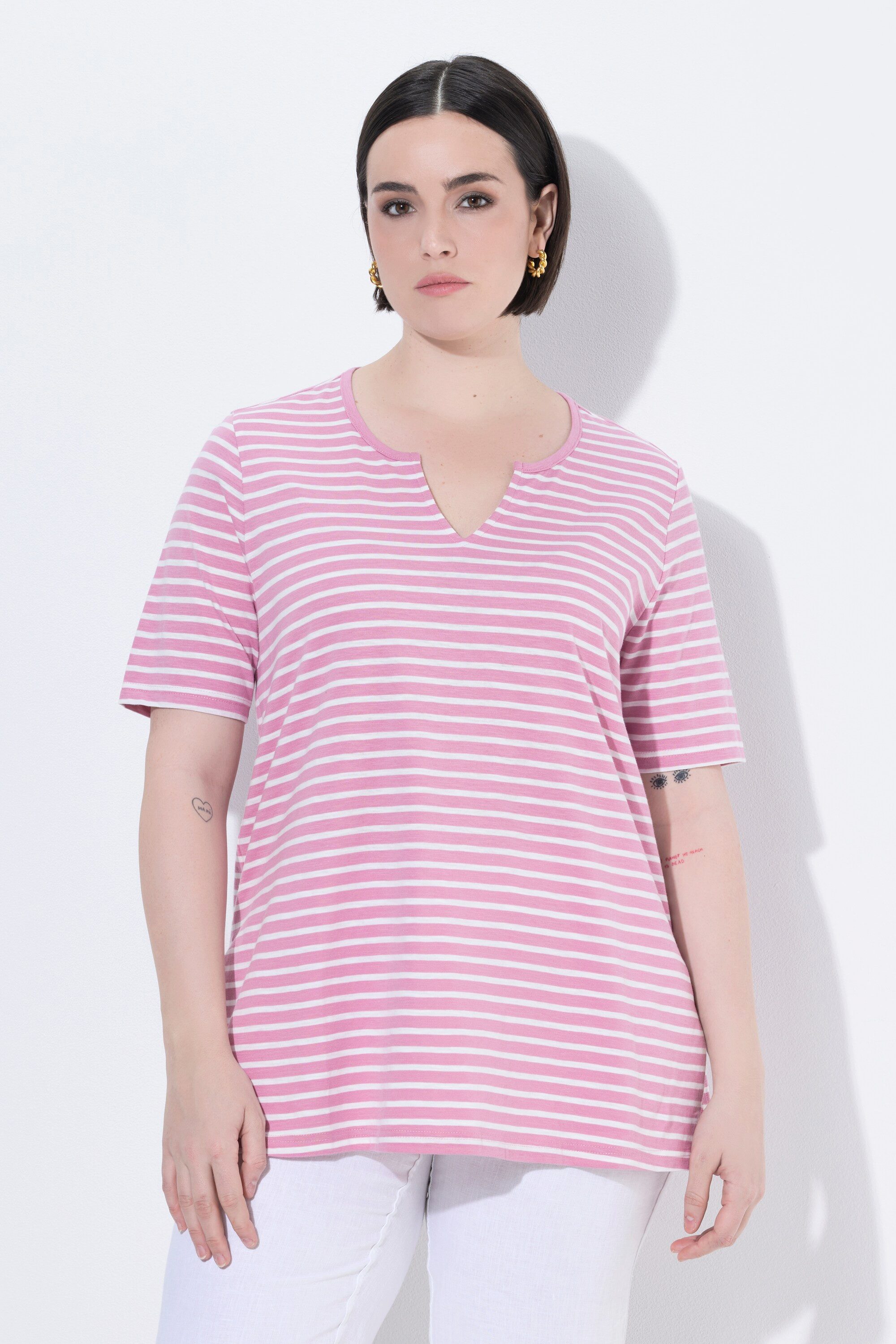 Ulla Popken Longshirt Longshirt Ringel A-Linie Rundhals Halbarm