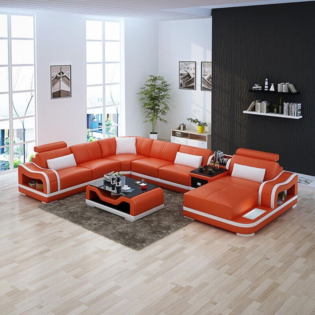 Garnitur Ecksofa Modern Wohnlandschaft JVmoebel Ecksofa Orange Ledersofa+USB Sofa Couchen