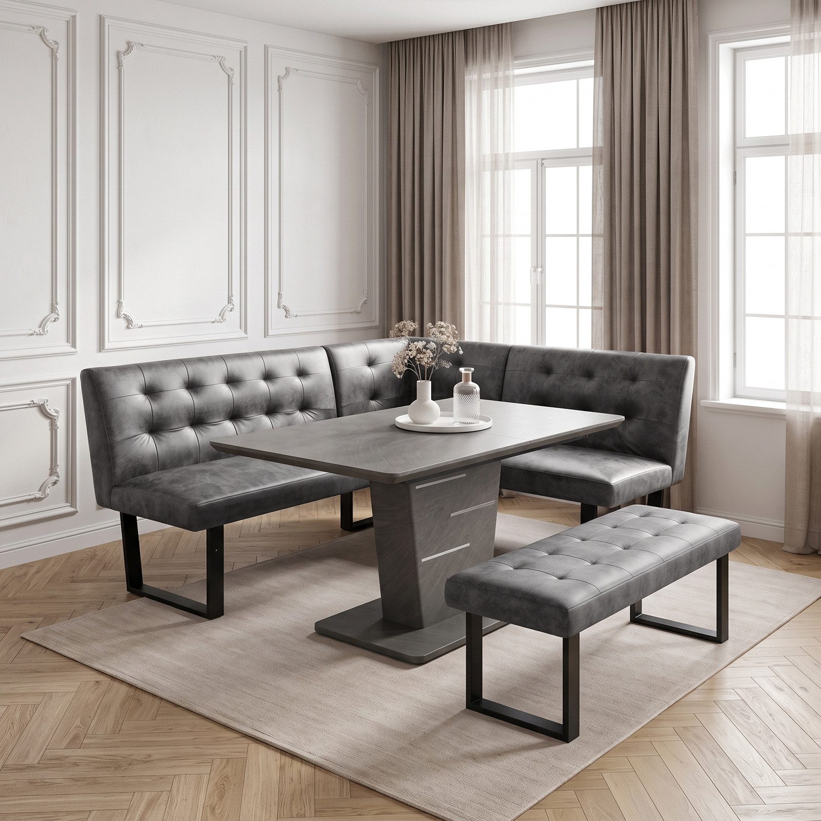 Jiexi Essgruppe Moderne Eckbankgruppe: Ausziehtisch (120-160cm) & Polsterbänke