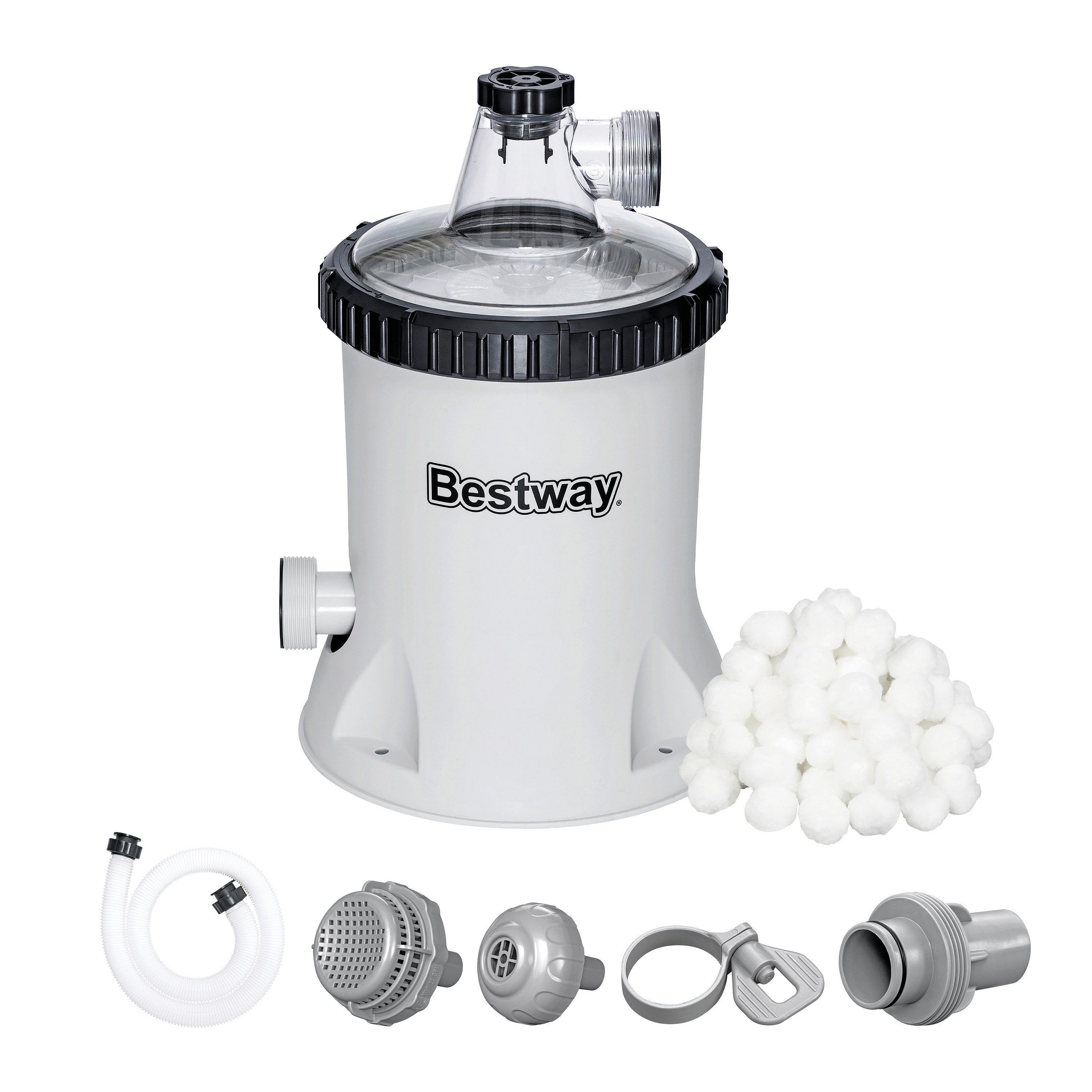 Bestway Filterpumpen Polysphere™ 5.678 l/h (Packung, Inkl. 240g Filterbälle), Für Poolgrößen von 1.100-31.700 Liter