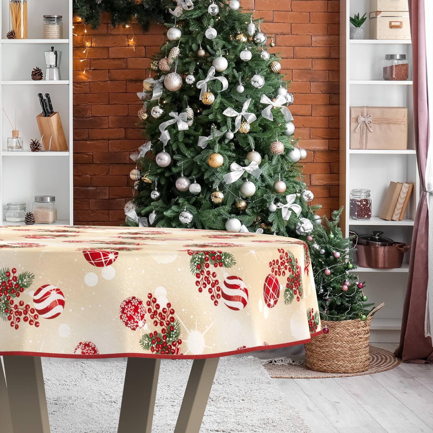 ANRO Tischdecke Weihnachten abwaschbare Weihnachtstischdecke (Einzelstück 1-tlg), Schmutzabweisend Weihnachten Beige Rund 100cm – Bild 5 von 5