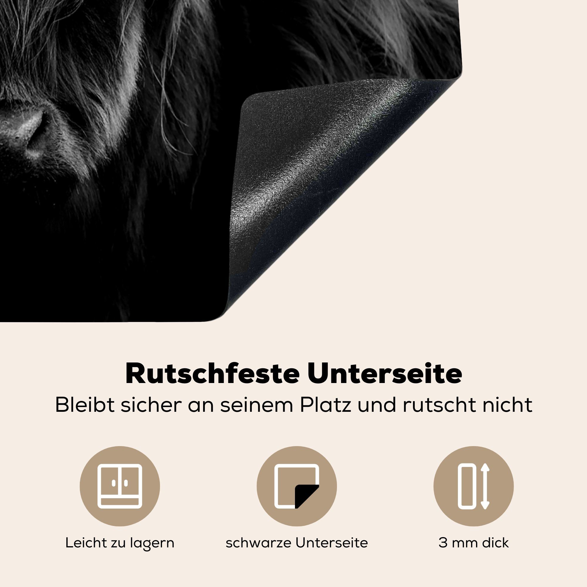 Dekoration - - 58x51 Hörner Schottischer für Küchen Induktionskochfeld - Wild Vinyl, - tlg), MuchoWow cm, Herdblende-/Abdeckplatte Tiere Highlander Induktionsherd, -, Schwarz Natur - (1