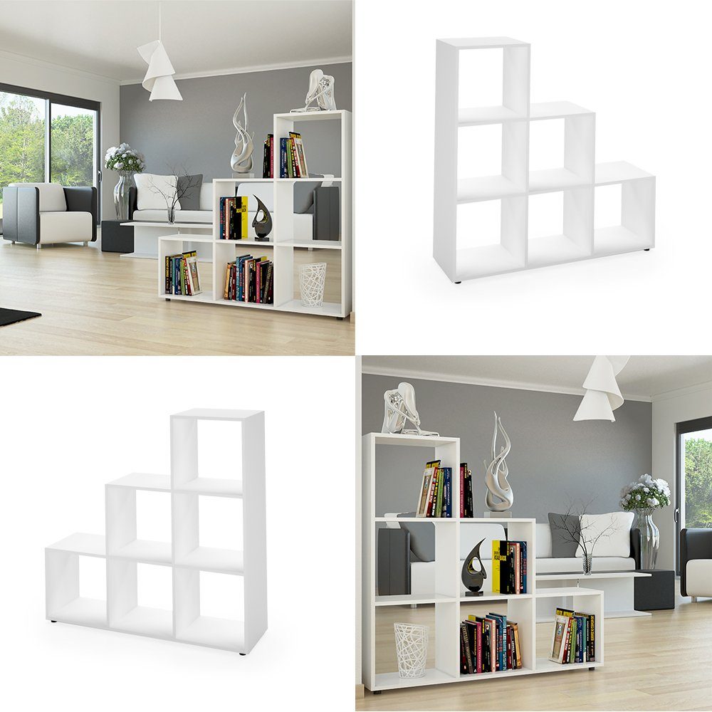 6 Weiß Raumteiler Vicco Bücherregal Treppenregal Fächer Stufenregal