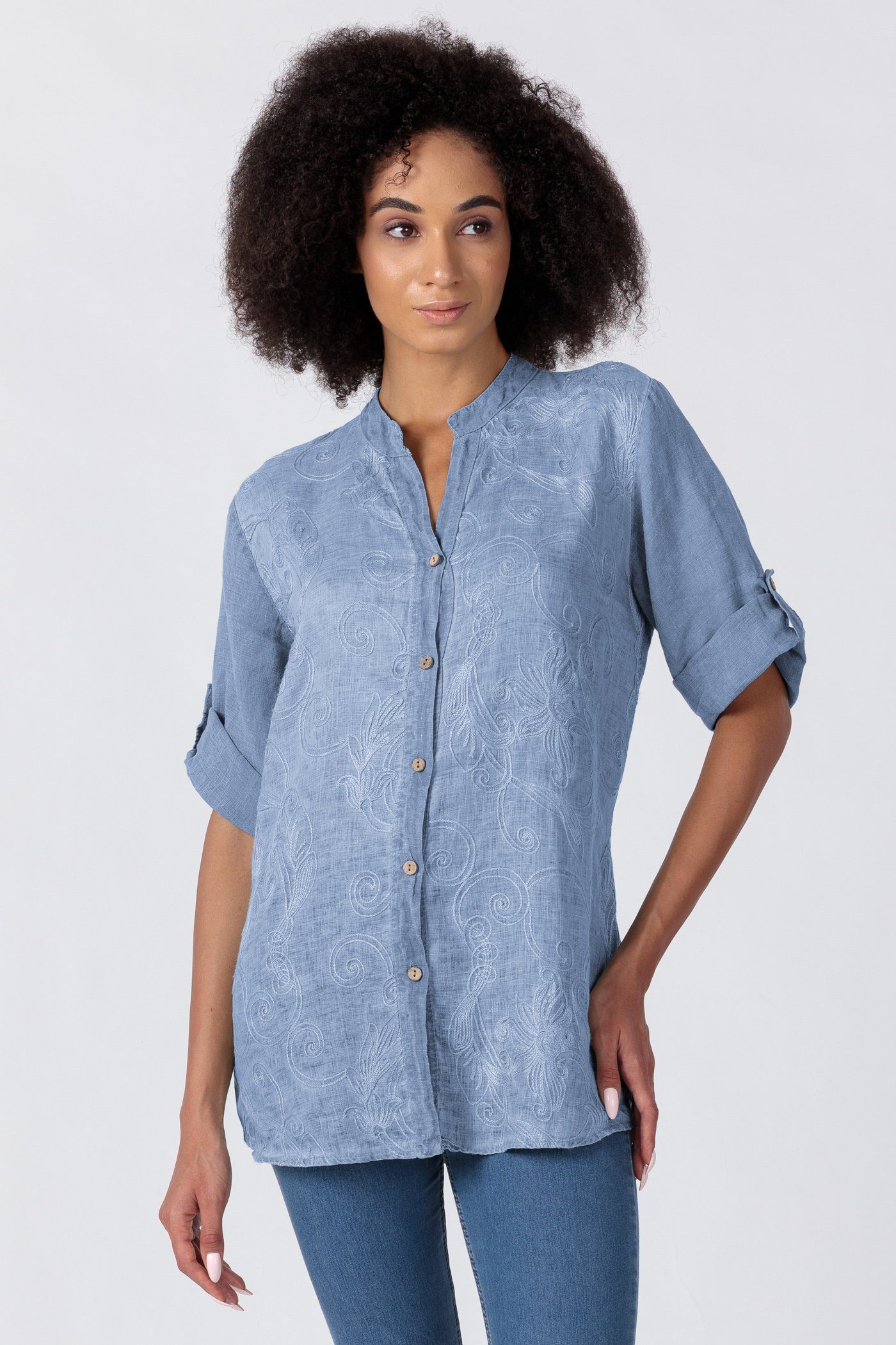 Damen Klassische PEKIVESSA Stehkragen und Leinenbluse Stickereien edlen Bluse mit