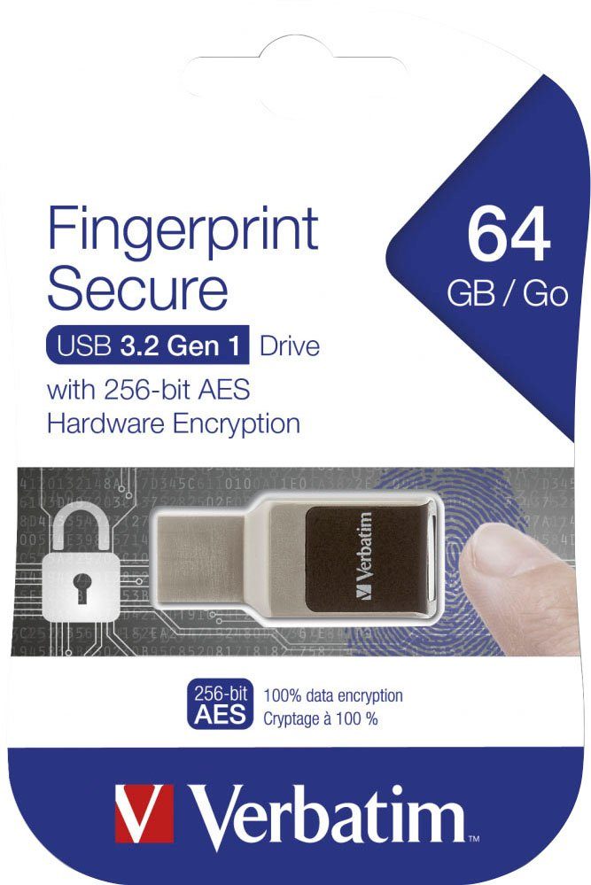 Verbatim »Fingerprint Secure USB 3.2 Gen 1 - 64 GB« USB-Stick (USB 3.2,  Lesegeschwindigkeit 80 MB/s)