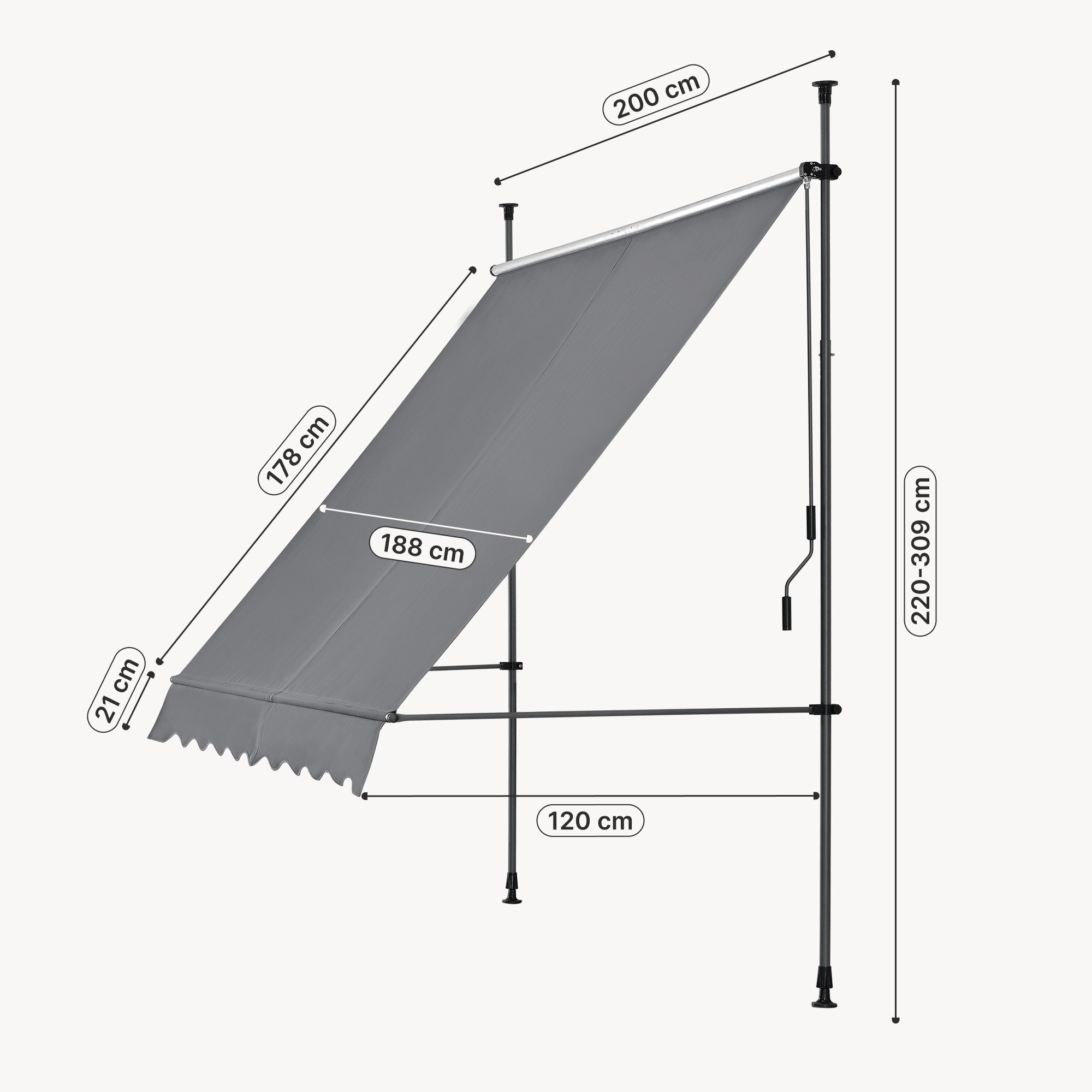 pro.tec Klemmmarkise »Stem« ohne Bohren Stahlgestell 200x120x220-309 cm Mittelgrau – Bild 4 von 5