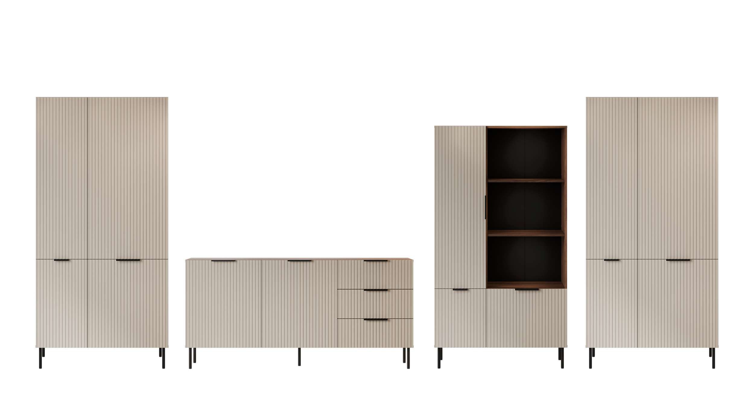 99rooms Wohnwand Amela, (Set (4-St), Wohnmöbel), bestehend aus 1×Kommode, 1×Vitrine, 2×Schrank, aus Holzwerkstoff