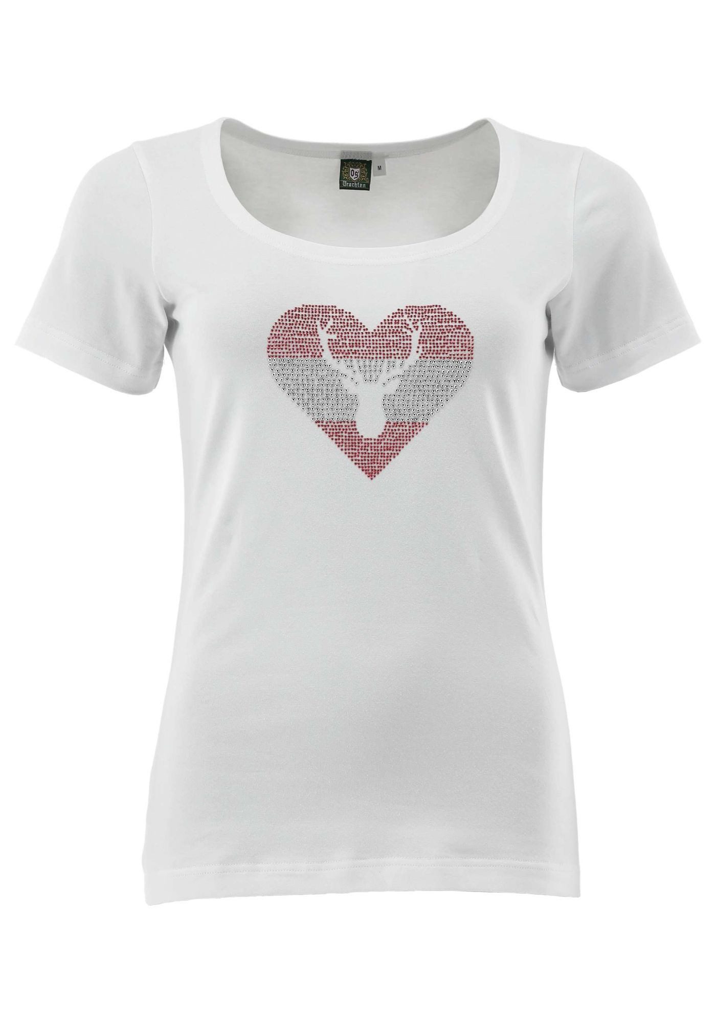 OS Trachten T-Shirt Karid Tailliert, Rundhalsausschnitt, Strass-Herz im Österreich-Flaggen-Stil