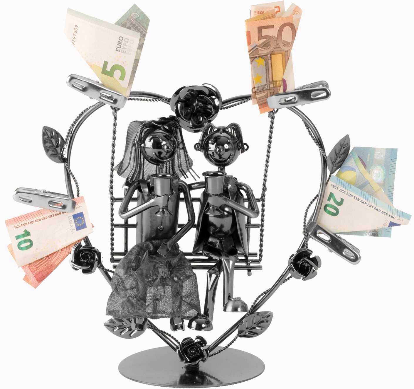 BRUBAKER Dekofigur Hochzeitsgeschenk Metall Brautpaar Herz auf Geldklammer mit Schaukel kunstvolles aus Glückwunschkarte), (1 mit St