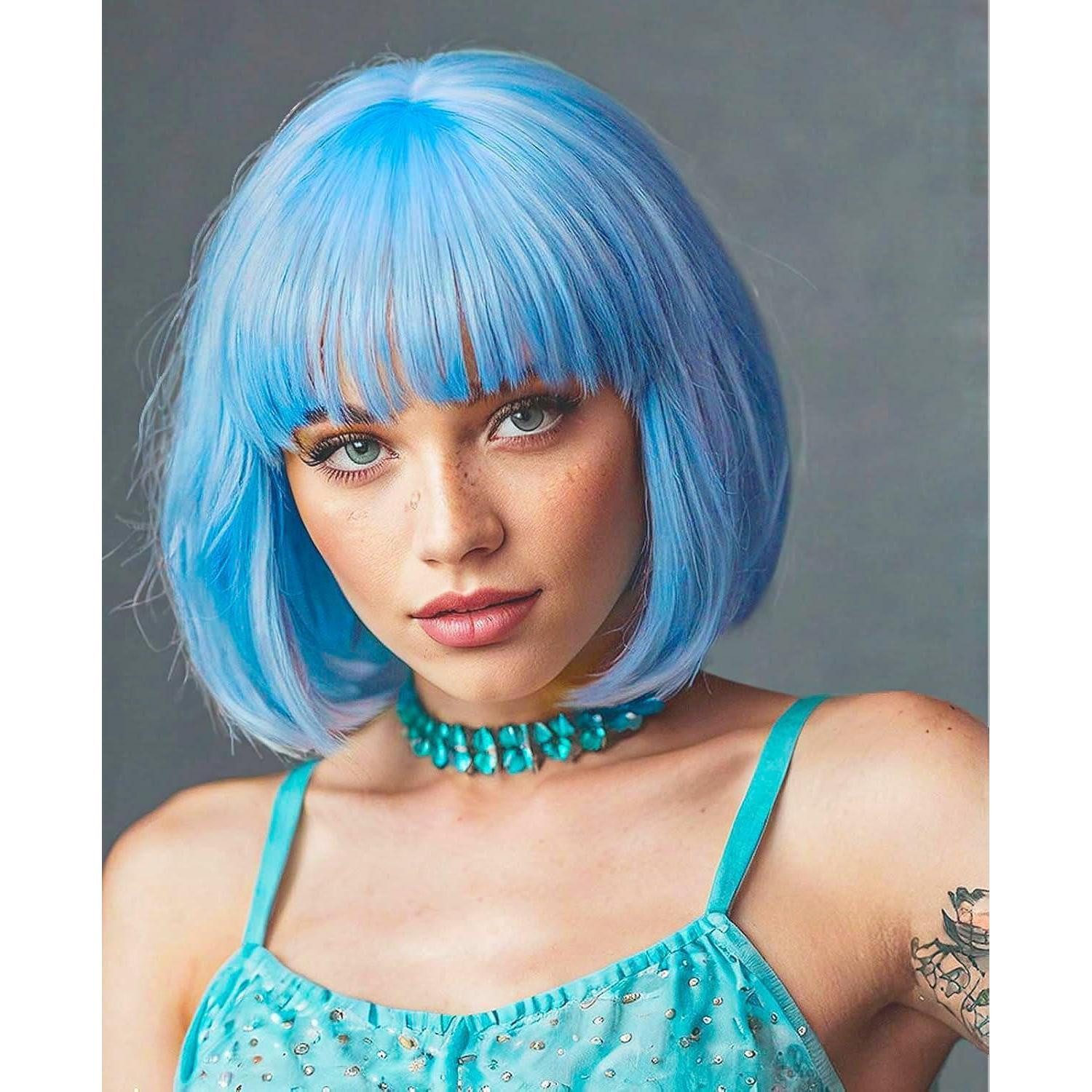 LuxusKollektion Kunsthaarperücke Perücke Damen Blau Bob Pony Synthetik 30cm Hellblau Cosplay balu