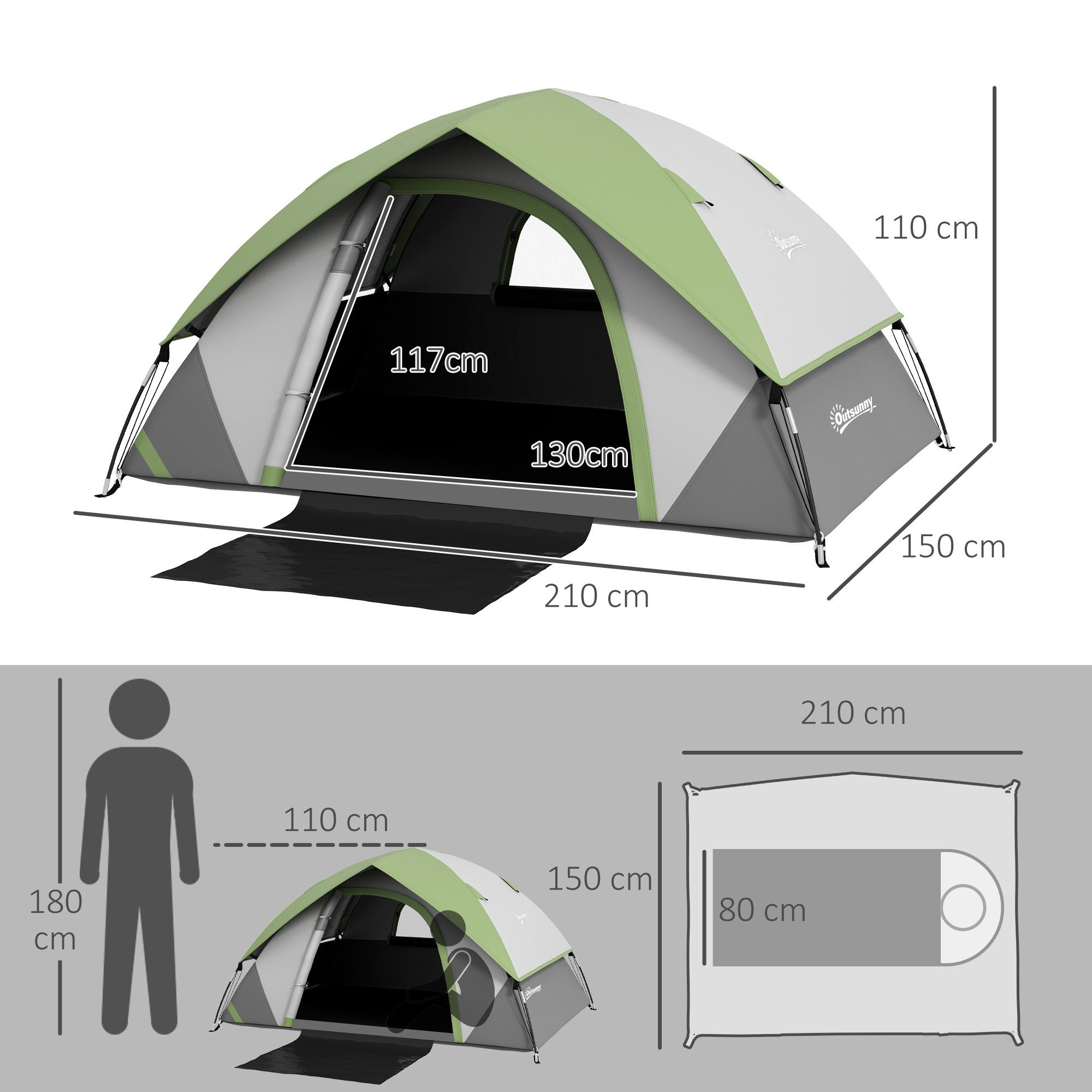 Outsunny Kuppelzelt mit Tür&Fenster, Packtasche, Personen: 2 (Campingzelt für 2 Personen, 1 tlg., Familienzelt mit 3000mm Wassersäule), für Camping Reise Trekking Garten
