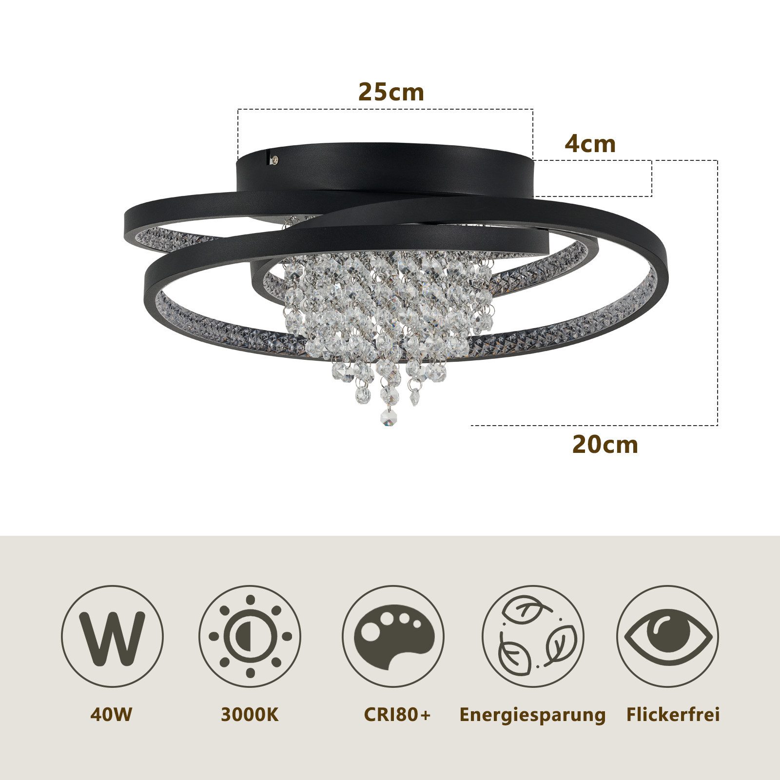 ZMH LED Deckenleuchte Warmweiß Flach Rund Wohnzimmerlampe Schwarz Modern Flurlampe, Augenschutz, LED fest integriert, Warmweiß