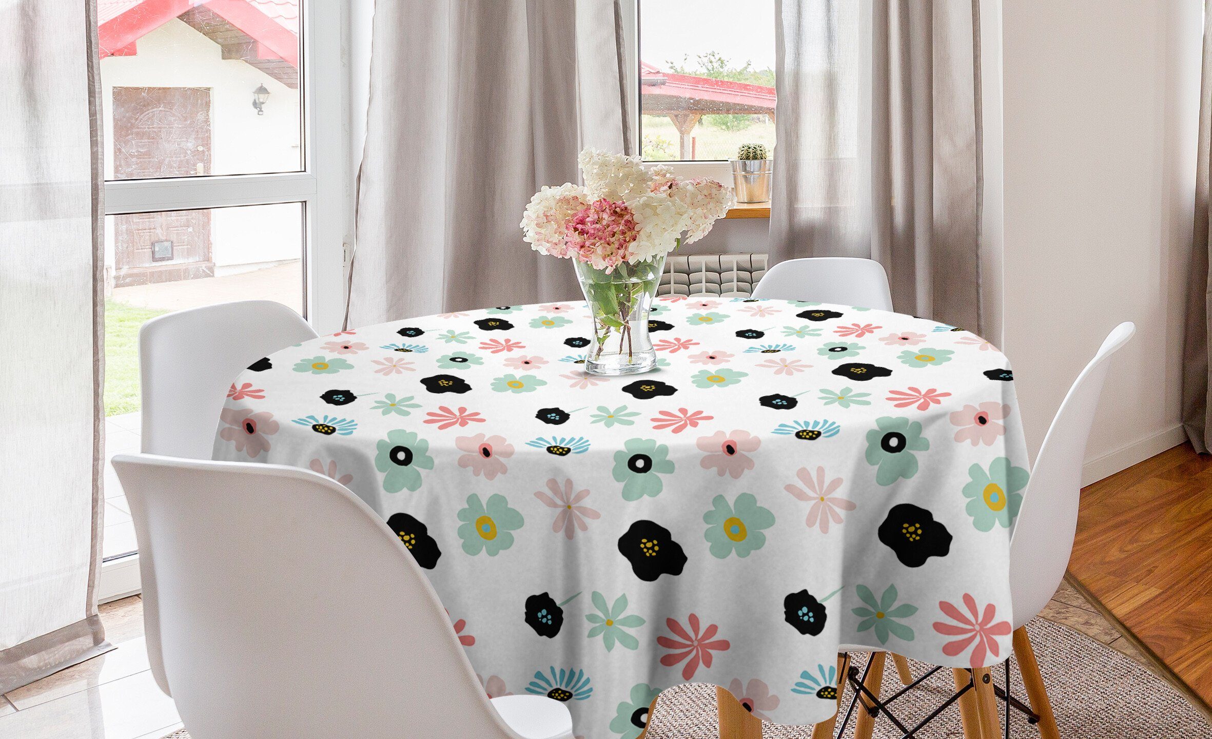 Abakuhaus Tischdecke Kreis Tischdecke Abdeckung für Esszimmer Küche Dekoration, Blume Hand gezeichnete Blumenelemente | Tischdecken