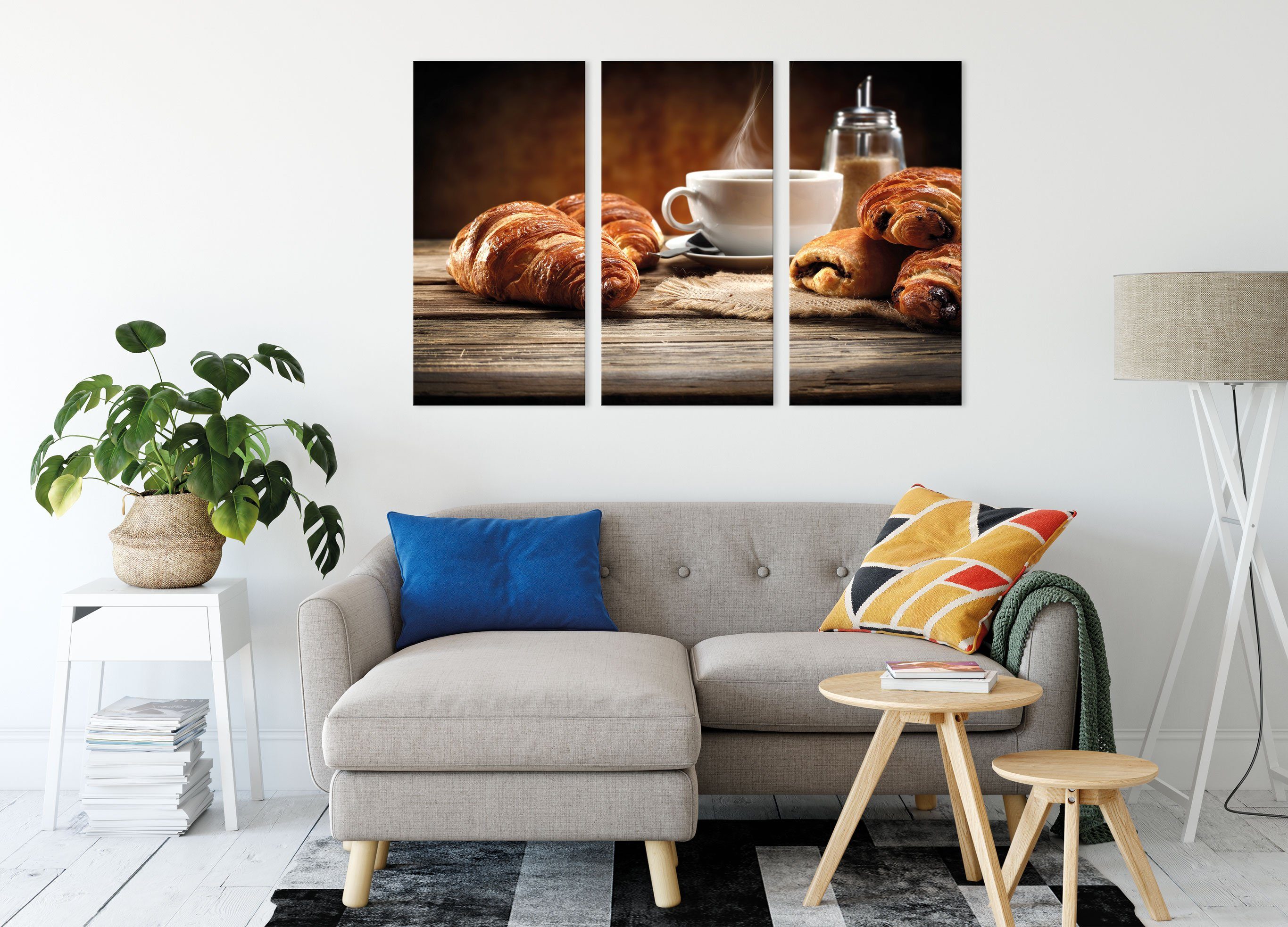 3Teiler Croissant Croissant St), (1 Zackenaufhänger Leinwandbild (120x80cm) Kaffee zum Kaffee, Leinwandbild bespannt, inkl. zum Pixxprint fertig