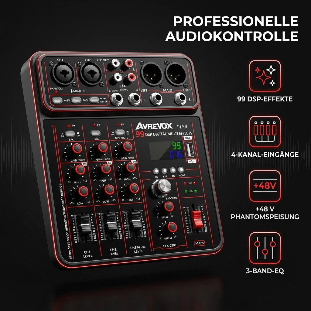 nsihing Mischpult 4-Kanal Mini-Mixer - Live/Studio DJ Mixer, Kompaktes Mischpult, mit Bluetooth und USB-Recording – Bild 2 von 5