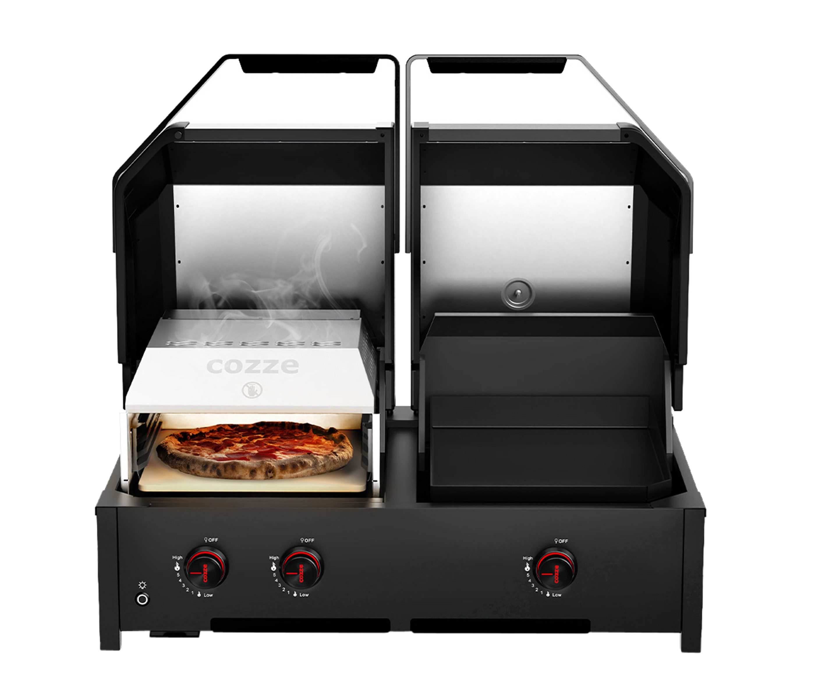 COZZE Gasgrill Gas-Grill Quattro 900, BBQ-Grill, Temperatur bis 800°C, mit Pizzastein, Grill, Plancha, 13 kW, 3 Brenner