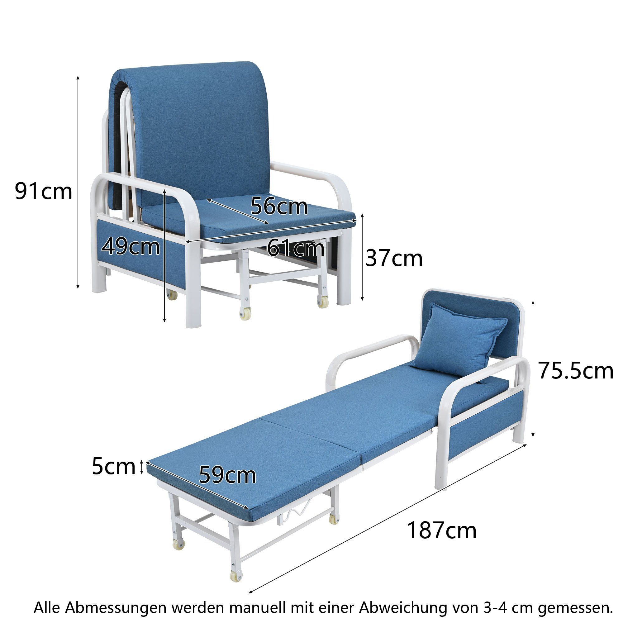 Chaiselongue in 2 Blau 3 Odikalo Schlafsofa Liegen, Farben Kissen,umwandelbar, 1 Sessel, mit