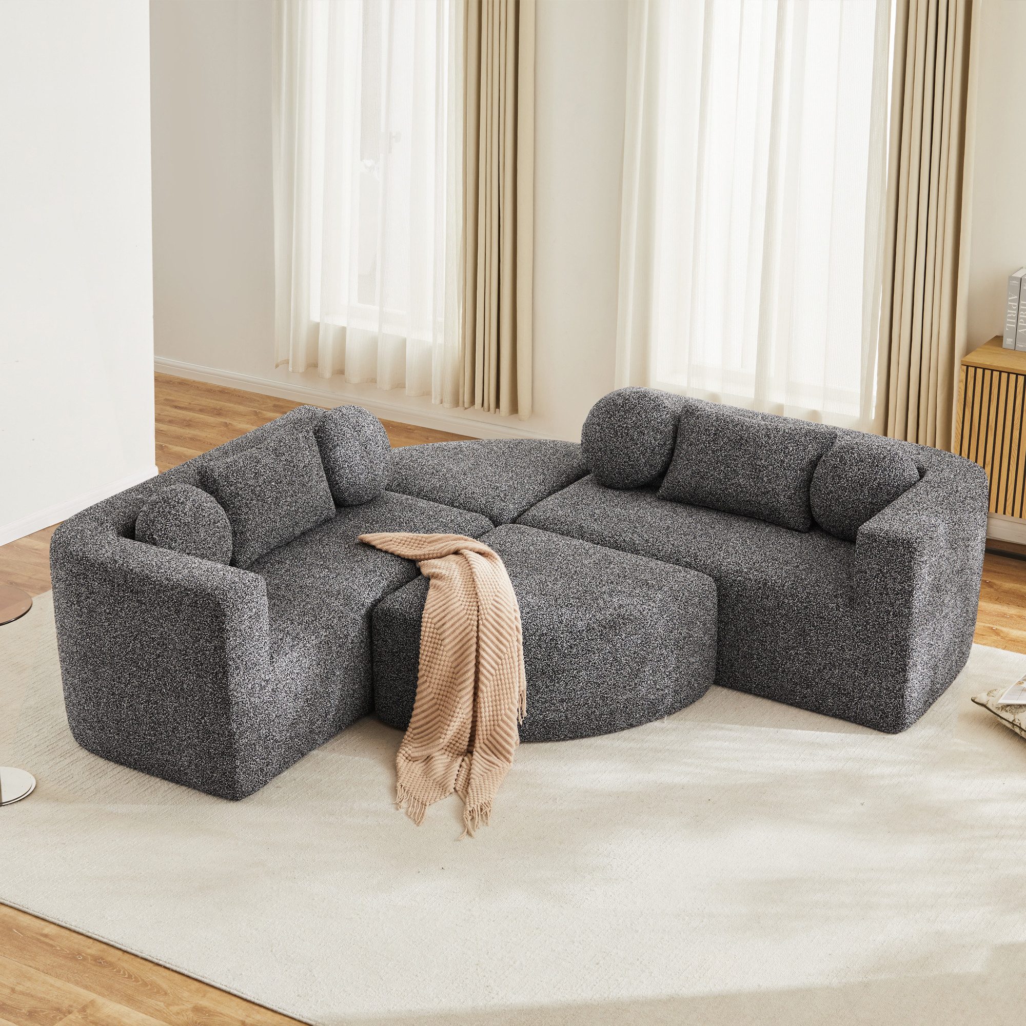 Flieks Sofa Modulare Ecksofa mit Schlaffunktion U-Form, keine Montage erforderlich 4 Teile, Multifunktional Schlafsofa Cloud Couch Chenillestoff Schwarzmischung