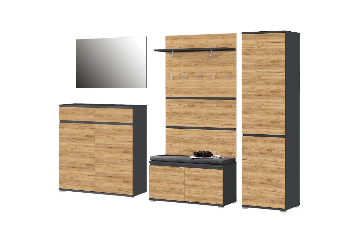 moebel-dich-auf Garderoben-Set LAUSANNE, (Set 1, Garderobenschrank + Paneel + Sitzbank + Spiegel + Schuhschrank), grifflose Optik, in 2 Farben erhältlich