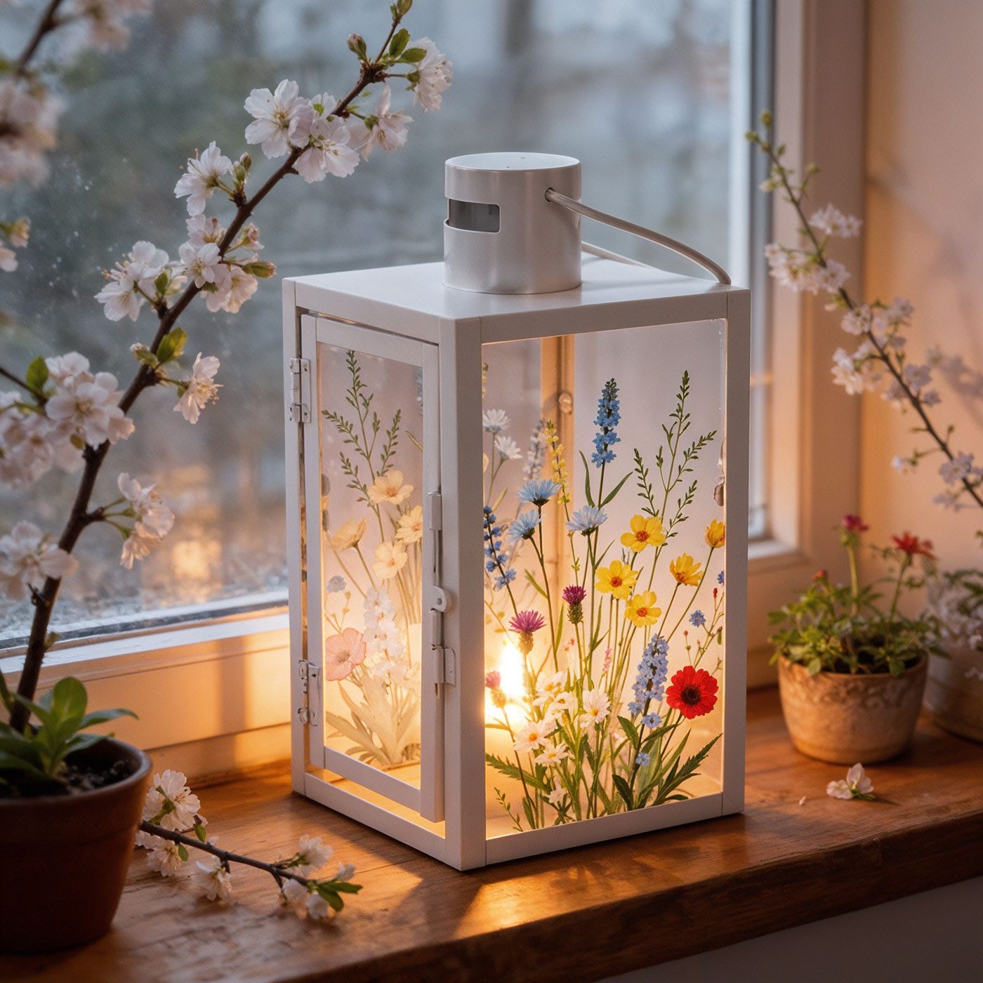 Levandeo® Kerzenlaterne Laterne H25cm Metall Weiß Blumen Frühlingsdeko Windlicht Sommer Tischd – Bild 4 von 5
