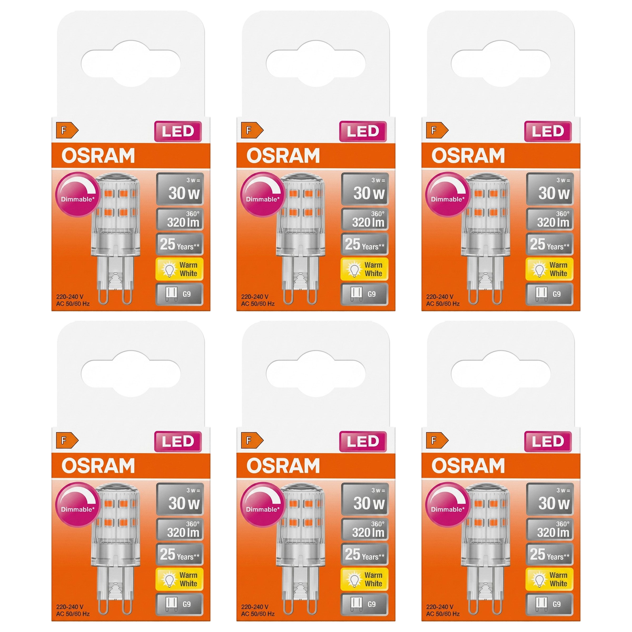 Osram LED-Leuchtmittel Osram LEDPIN30D CL 3W/827 G9 – Dimmbar, Warmweiß (6er-Pack), 6 St.