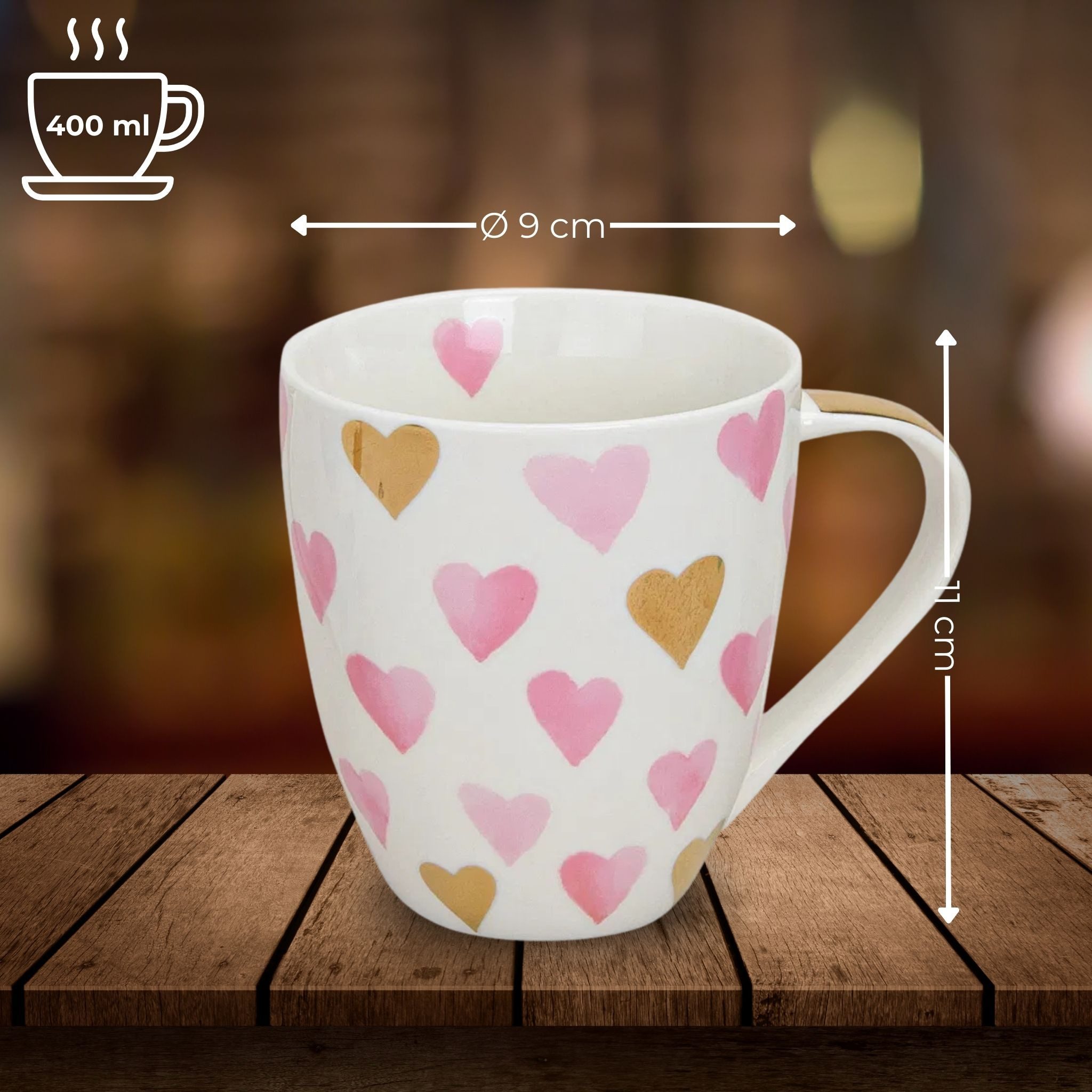 matches21 HOME & HOBBY Tasse XXL Kaffeetassen 2er Set aus Porzellan mit gold-rosa Herzen, 1-tlg., Porzellan, Jumbo Teetassen 400 ml