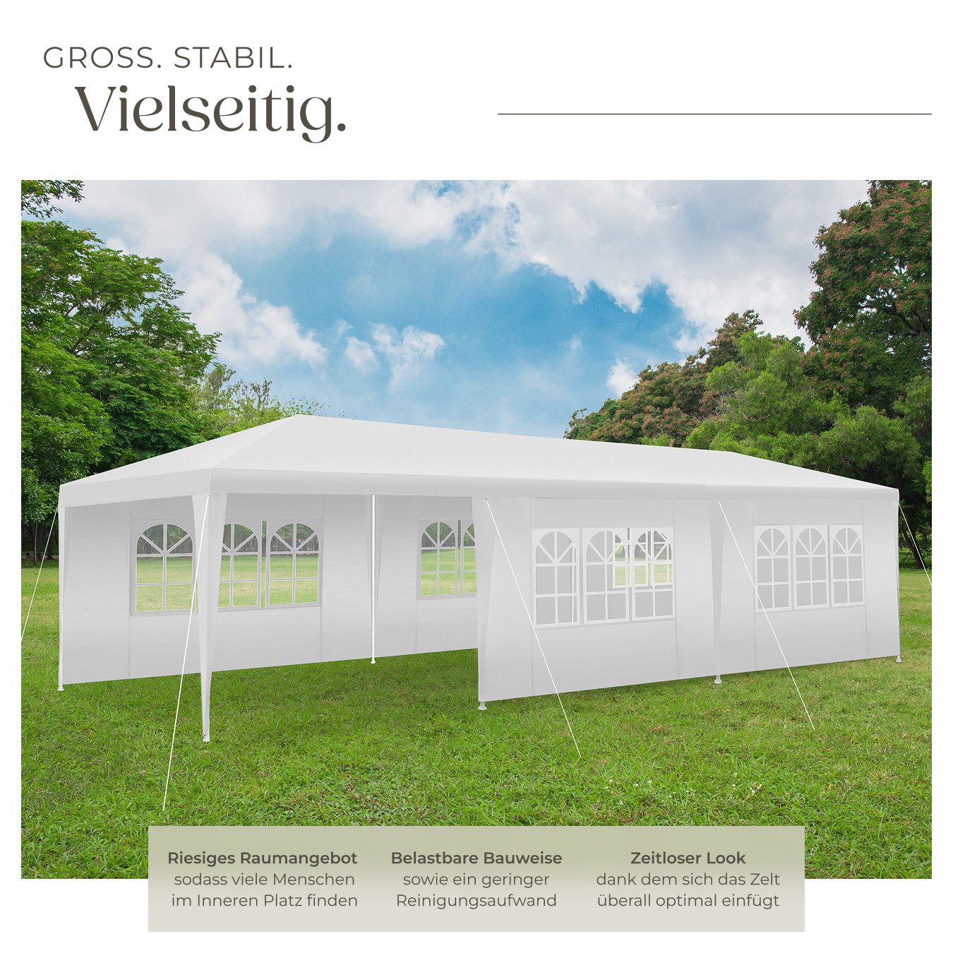 tectake Pavillon Rattan Gartenzelt 9 x 3 m, inklusive Spannseilen und Heringen, mit 8 Seitenteilen, (Partyzelt Miramas, in weiß), 8 Seitenteile, 2 Reißverschlussöffnungen, mit UV-Schutz, wasserdicht
