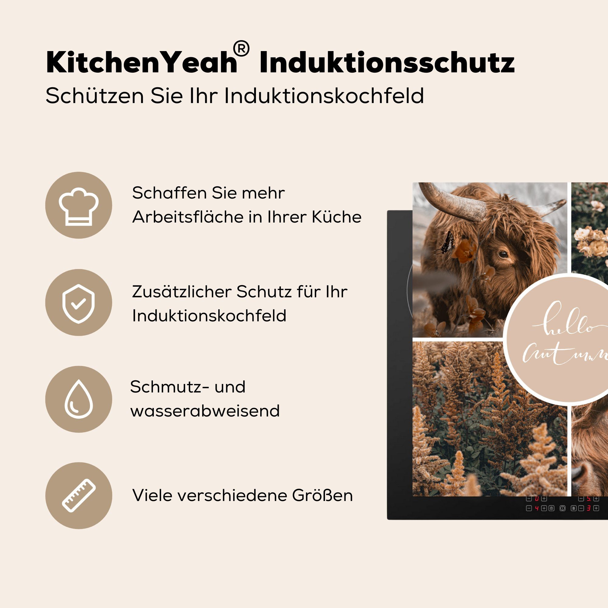 für - küche Schottischer Arbeitsplatte Vinyl, Ceranfeldabdeckung, Herbst Herdblende-/Abdeckplatte (1 Collage, MuchoWow - tlg), Highlander 78x78 cm,