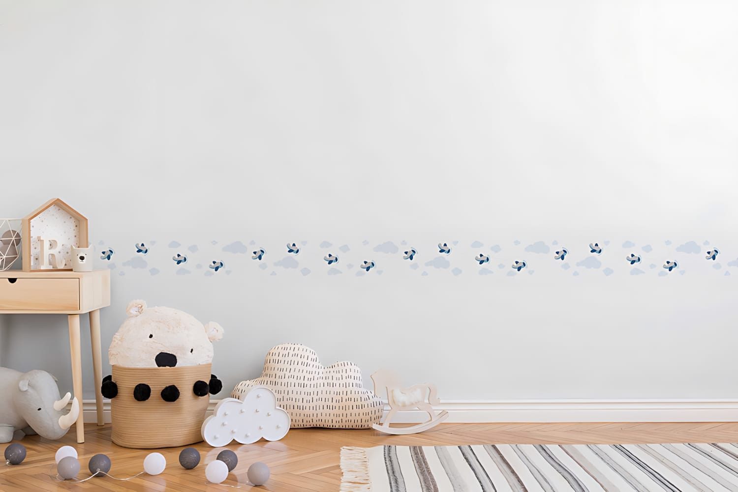 Profhome Bordüre 403752-GU Grafik Tapete Kindertapete matt blau grau weiß 0,75 m2, leicht strukturiert, matt, (1 Rolle, 0,75 qm), selbstklebende Bordüre in blau