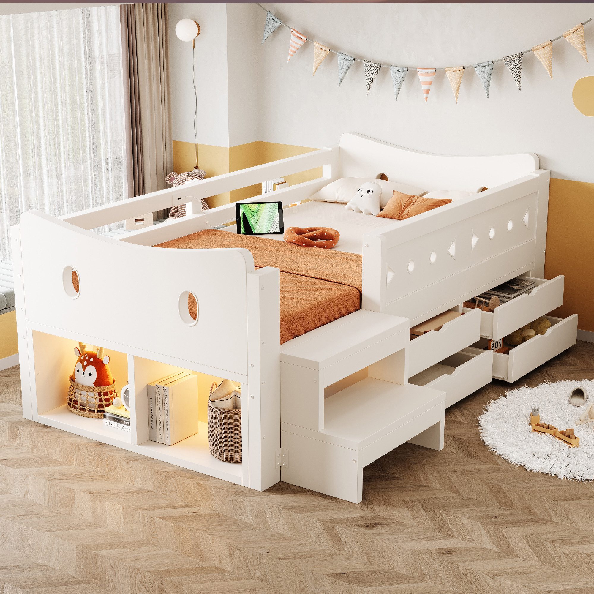 Flieks Kinderbett, Holzbett 90×200cm mit Staufächern, 4 Schubladen, Treppe, LED&Aufladen