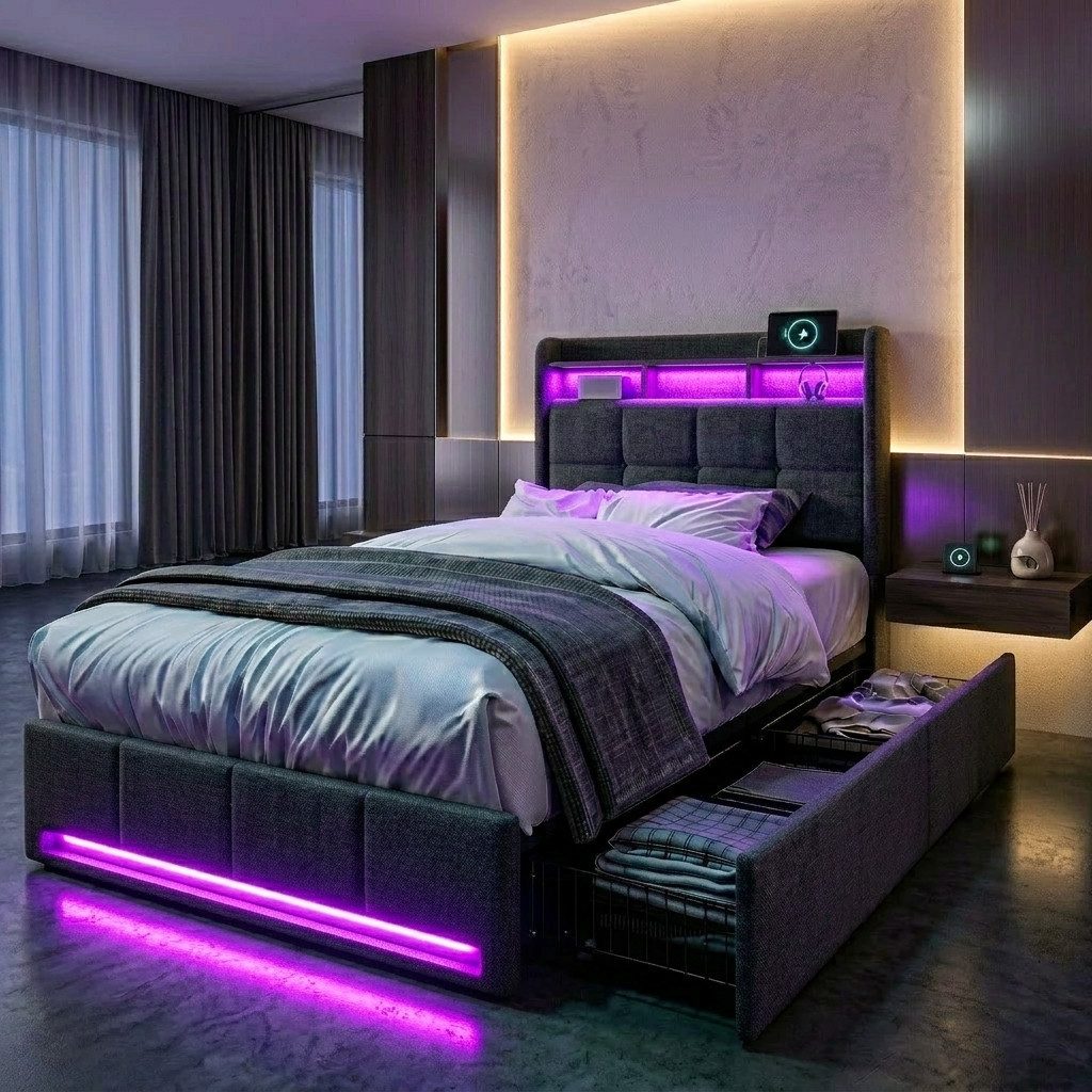 PXloue Polsterbett LED Doppelbett Stauraumbett, mit USB-Laden und Stauraum am Kopfteil,Leinen,90x200 cm