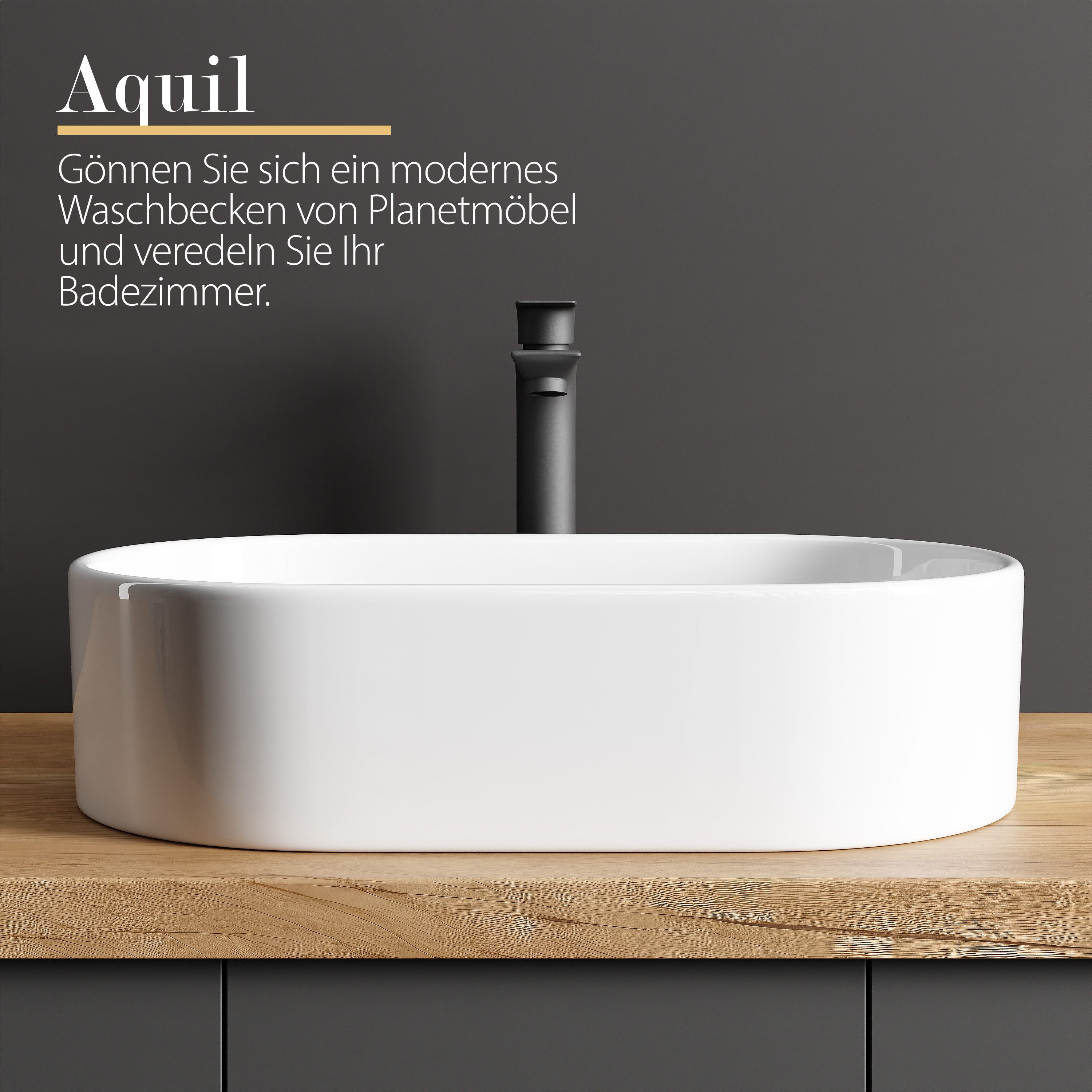 Planetmöbel Aufsatzwaschbecken Aquil Elegant Badezimmer Waschbecken 55 cm oval für Waschtisch (Keramik Aufsatzwaschbecken für Bad, Gäste WC, 1-St., Waschschale 55 x 34 x 14 cm ohne Hahnloch und Überlauf), für Waschtische oder Waschplätze