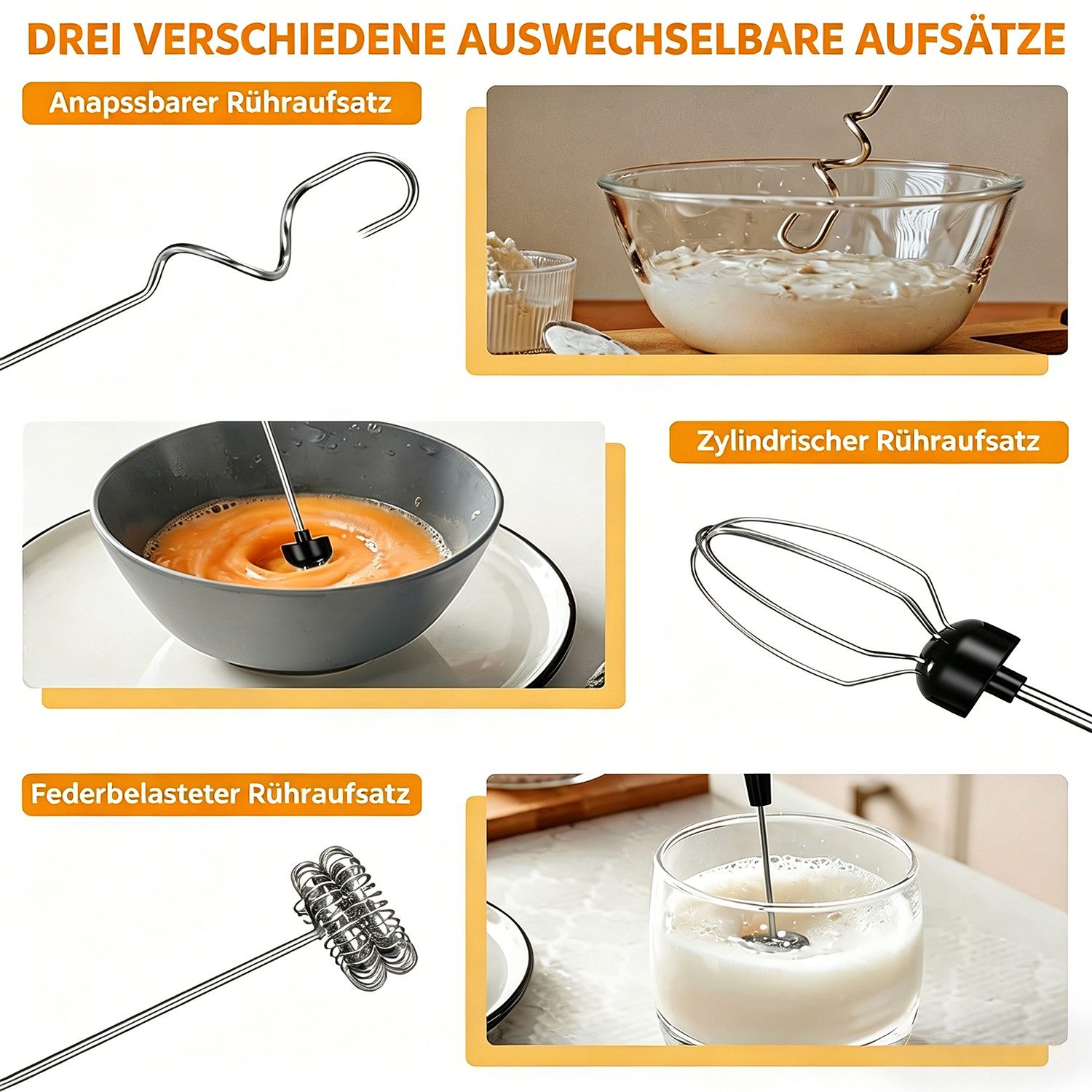 TUWENA Milchaufschäumer Elektrischer Milchaufschäumer Mini Schneebesen USB-C Aufschäumer, 3-in-1, 3 Stufen, 3 Aufsätze, für Kaffee, Cappuccino, Sahne & Eier