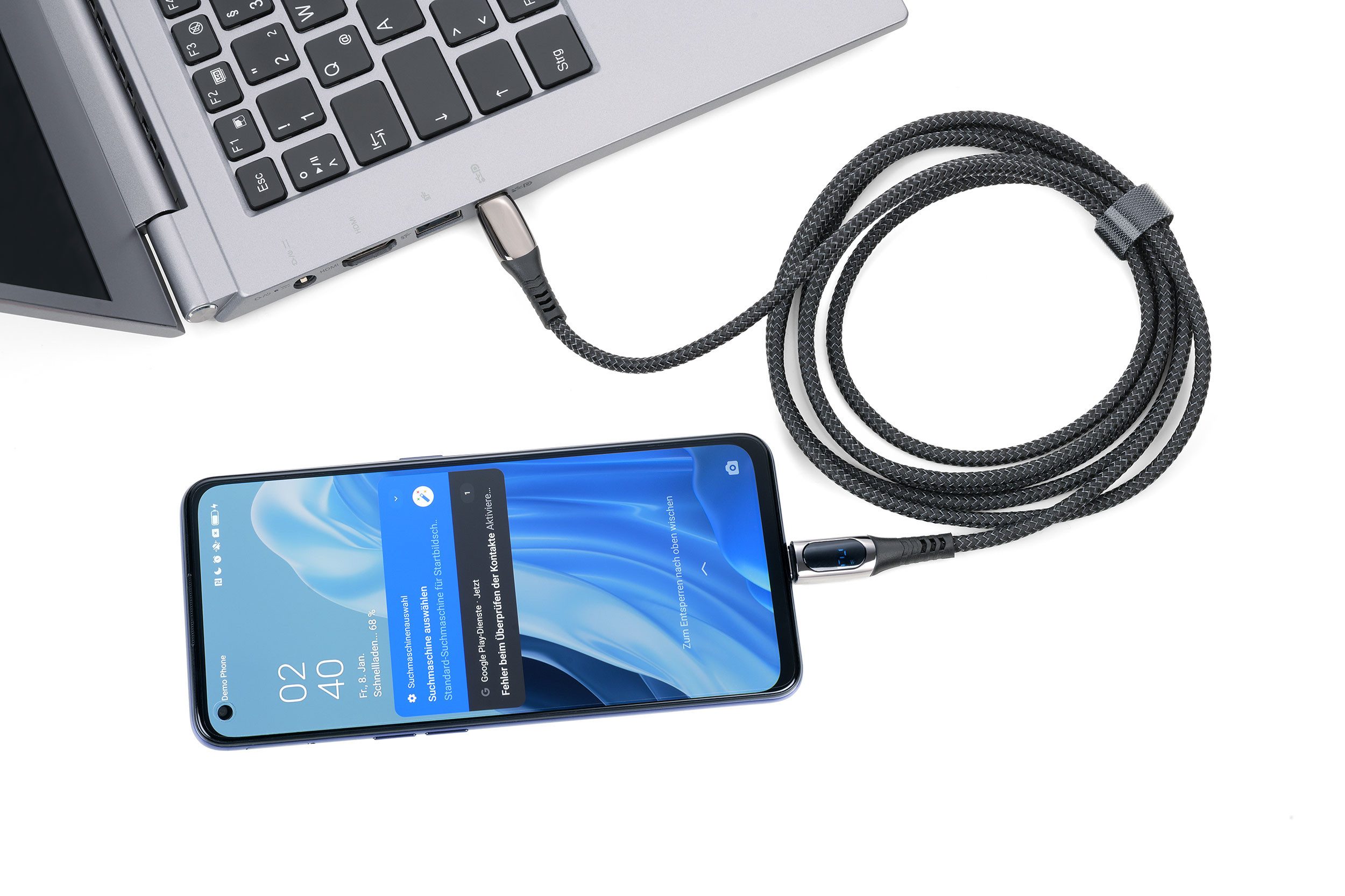 TROIKA USB-C 100W Ladekabel SPEEDY XL mit Lightning Adapter, Schnellladekabel Schnelllade-Gerät (1-tlg., für Handy, iPad, Laptop, Kabel aus Recyclingmaterial mit Display)