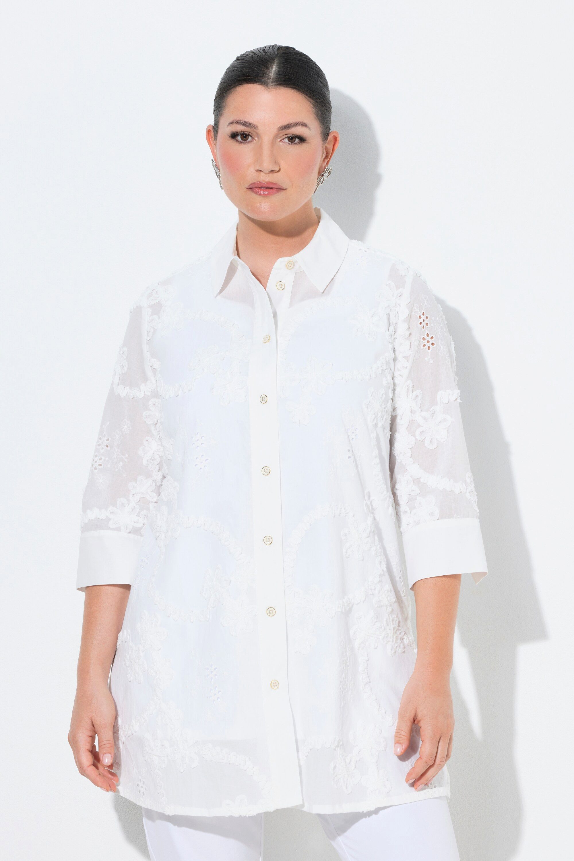 Ulla Popken Longbluse Longbluse Stickerei Hemdkragen 3/4-Arm