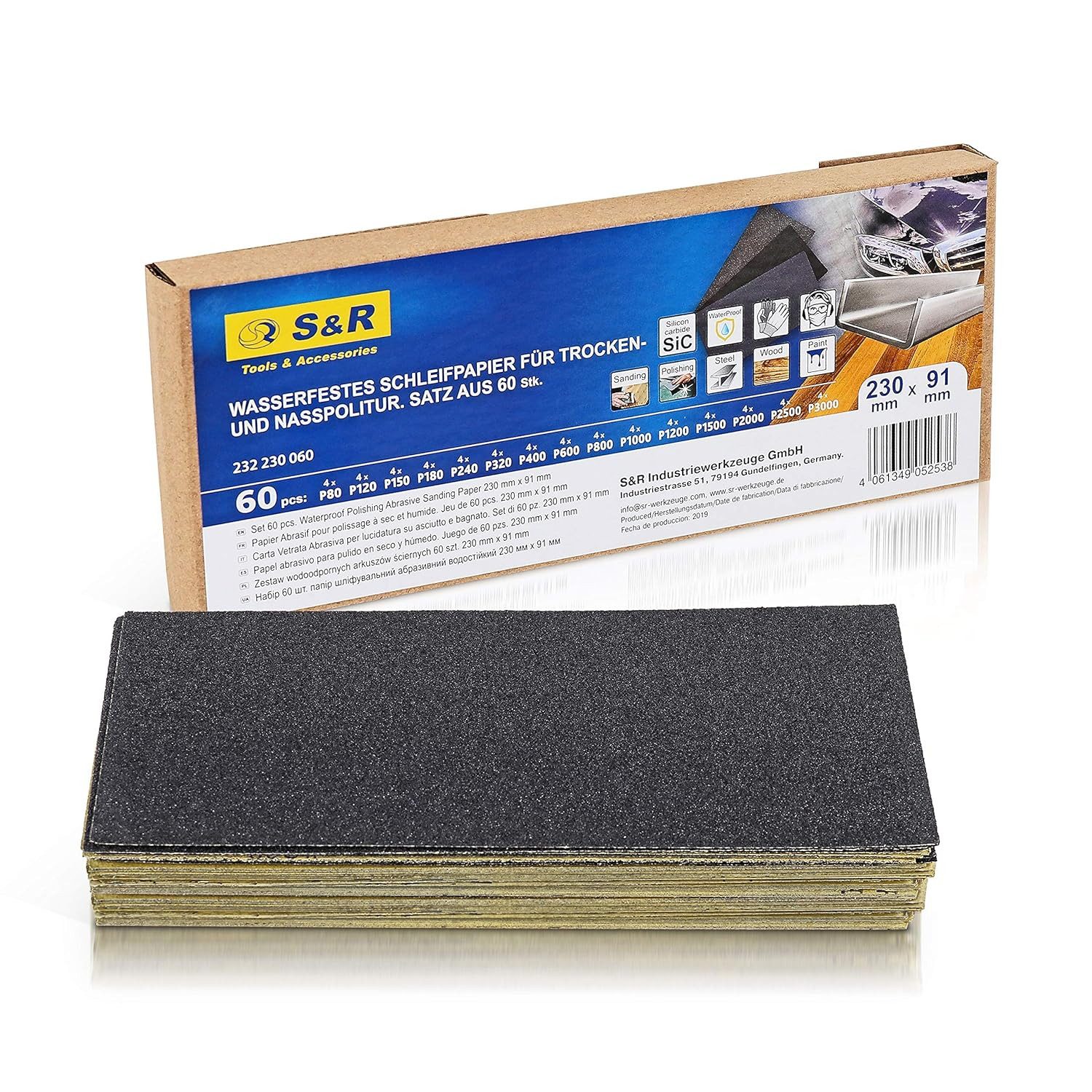 S&R Schleifpapier Wasserfestes Schleifpapier, Schleifblätter Satz, Siliziumkarbid-Korn, (Set, 60 St., 15 Körnungen P80 bis P3000), Schmirgelpapier, für Trockenpolitur und Nasspolitur, Nassschleifpapier