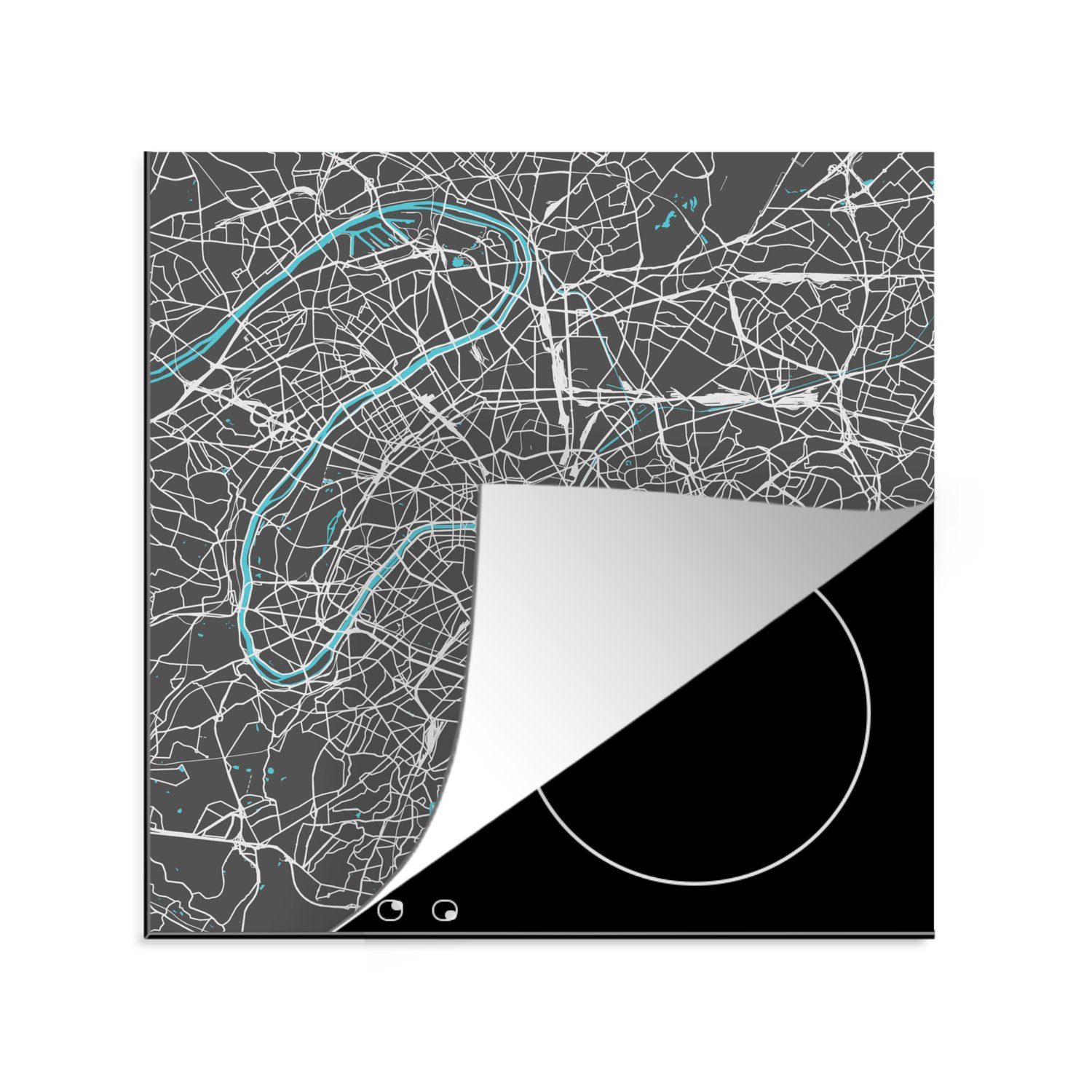 MuchoWow Herdblende-/Abdeckplatte (1 küche 78x78 Blau Ceranfeldabdeckung, Stadtplan für Vinyl, Karte, tlg), - Arbeitsplatte Paris - cm, 
