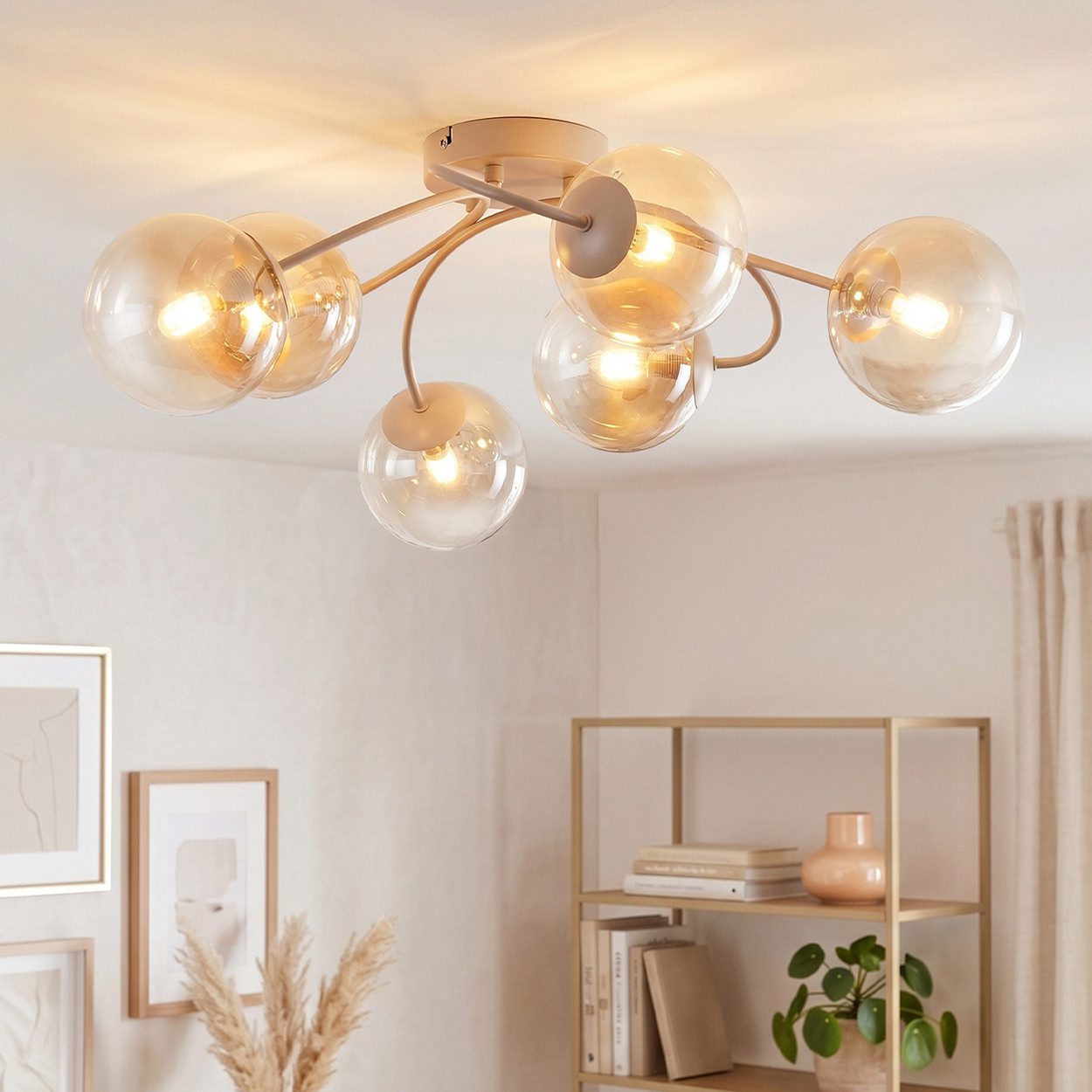 hofstein Deckenleuchte Deckenlampe aus Metall/Glas in Sandfarben/Weiß/Bernsteinfarben/Klar, moderne Deckenleuchte im Retro/Vintage/Boho-Design, 6 x G9