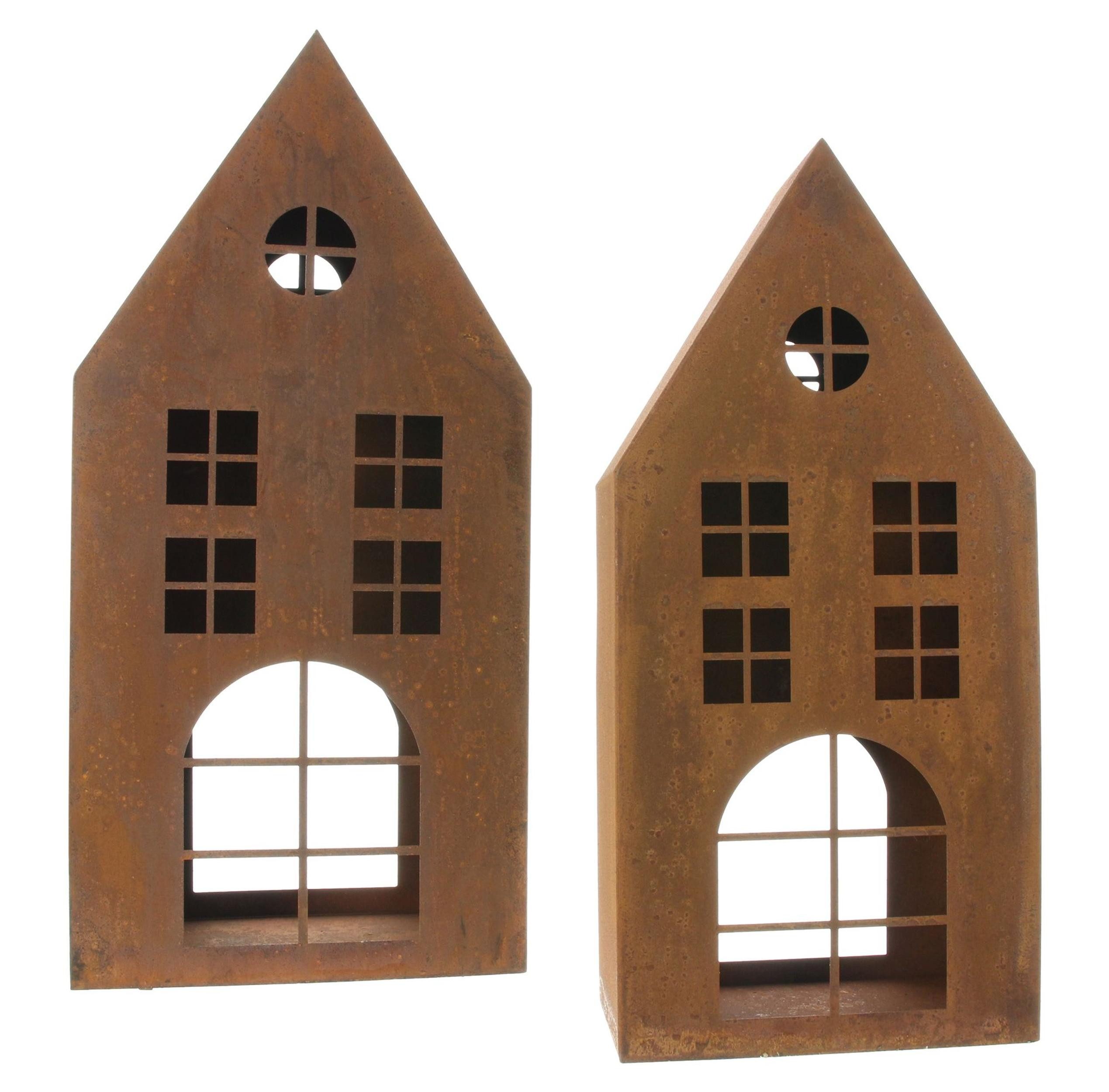 Windlicht 2x Windlicht Haus Metall Echtrost 45+55cm – Gartendeko