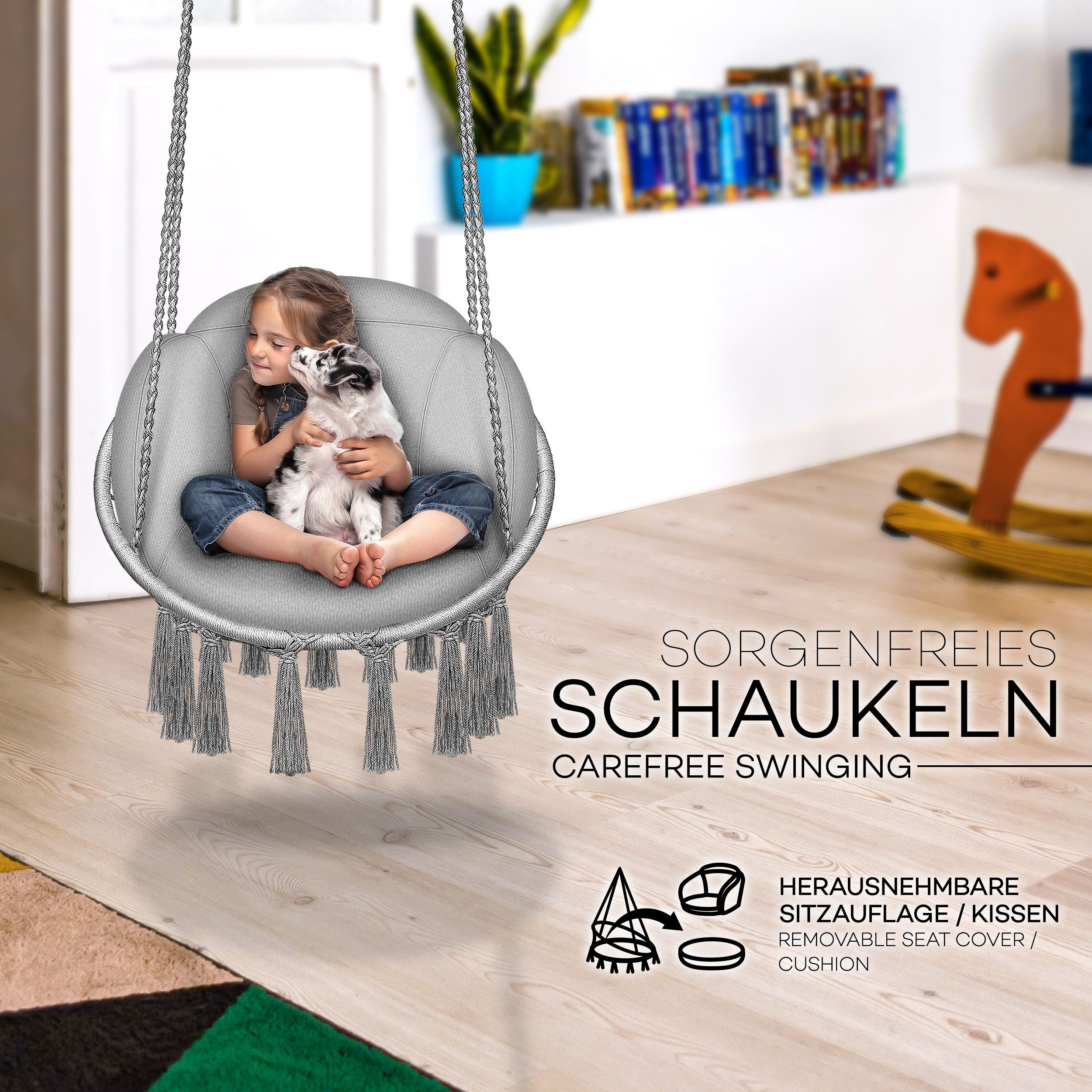 tillvex Hängesessel tillvex® Hängesessel Hängestuhl Hängeschaukel Hängekorb Hängesitz (Set, Hängesessel, Kissen, 4 Seile mit 2 Stahlringen), Kissen – Bild 4 von 5