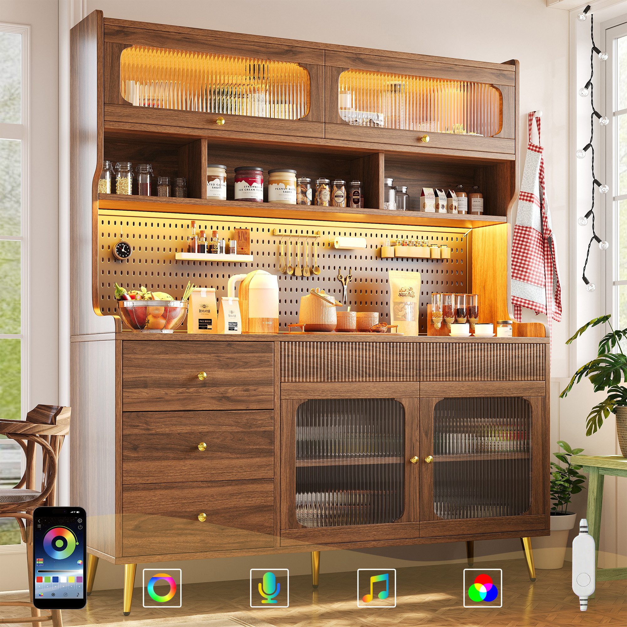 Flieks Küchenbuffet mit LED-Beleuchtung, Lochwand, Glastüren und 5 Schubladen (1-St., 145x39x171 cm) Hochschrank Küchenschrank Geschirrschrank mit Arbeitsplatte Holzoptik