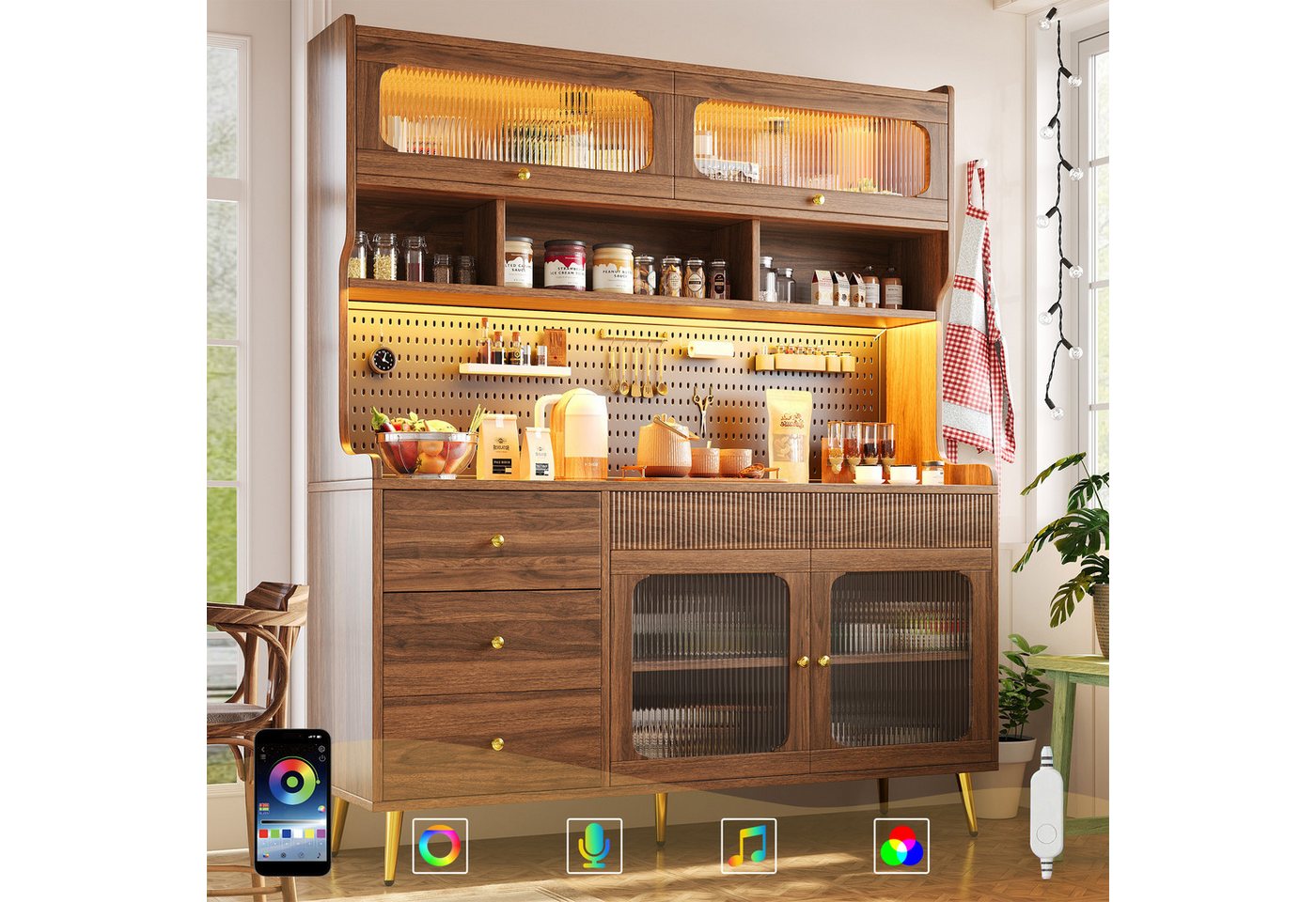Flieks Küchenbuffet mit LED-Beleuchtung, Lochwand, Glastüren und 5 Schubladen (1-St., 145x39x171 cm) Hochschrank Küchenschrank Geschirrschrank mit Arbeitsplatte Holzoptik