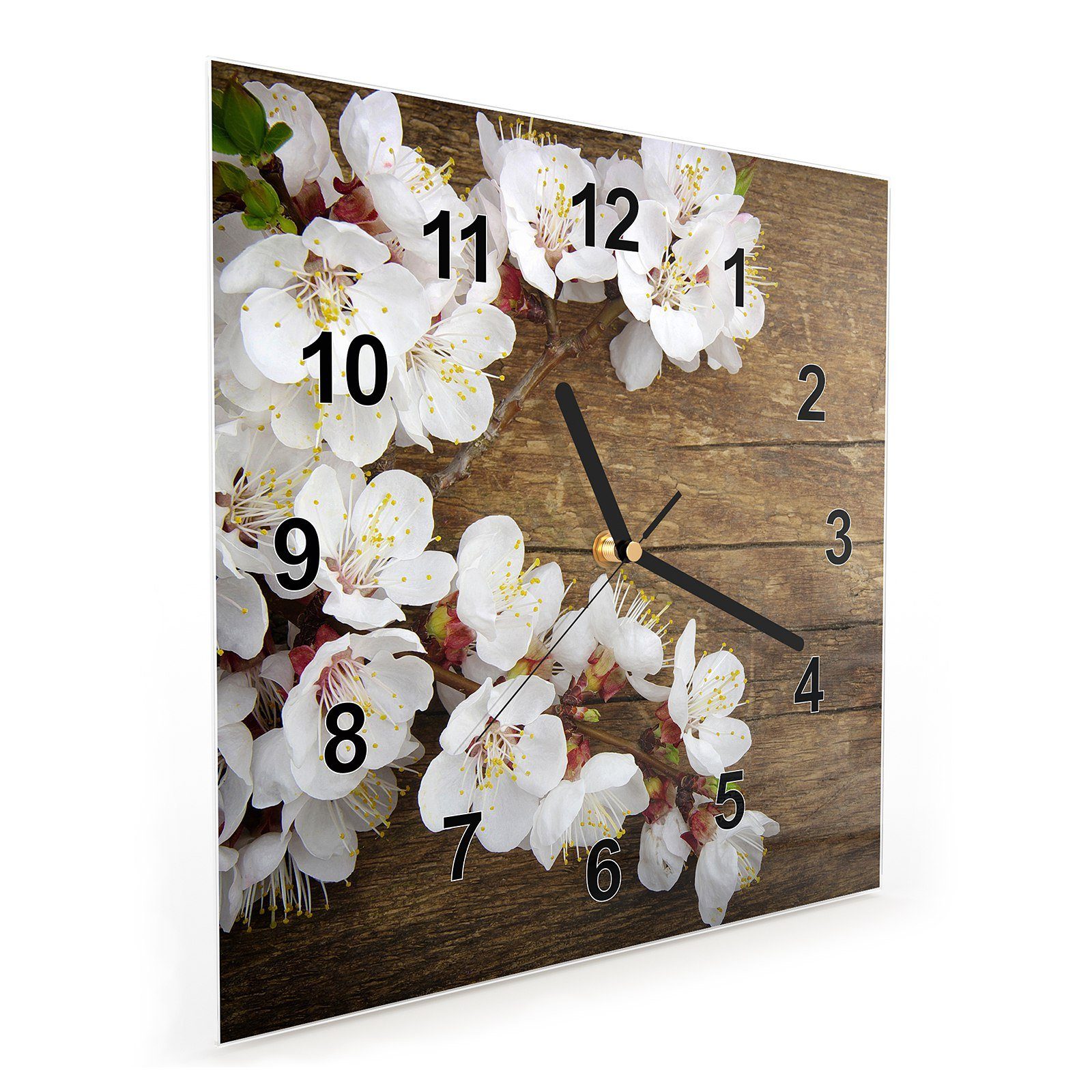 cm Holztisch x 30 Wanduhr Glasuhr 30 Primedeco Wanduhr Größe Wandkunst auf Motiv Blüten mit