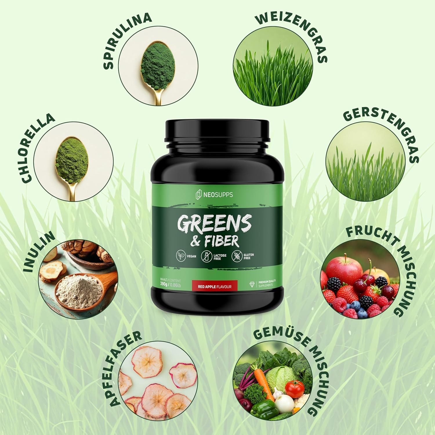 Neosupps Greens & Fiber, Hochdosiertes Superfood-Pulver mit Chlorella Spirulina Pulver, 390g Red Apple mit Weizengras, Gerstengras, Inulin & Apfelfaser
