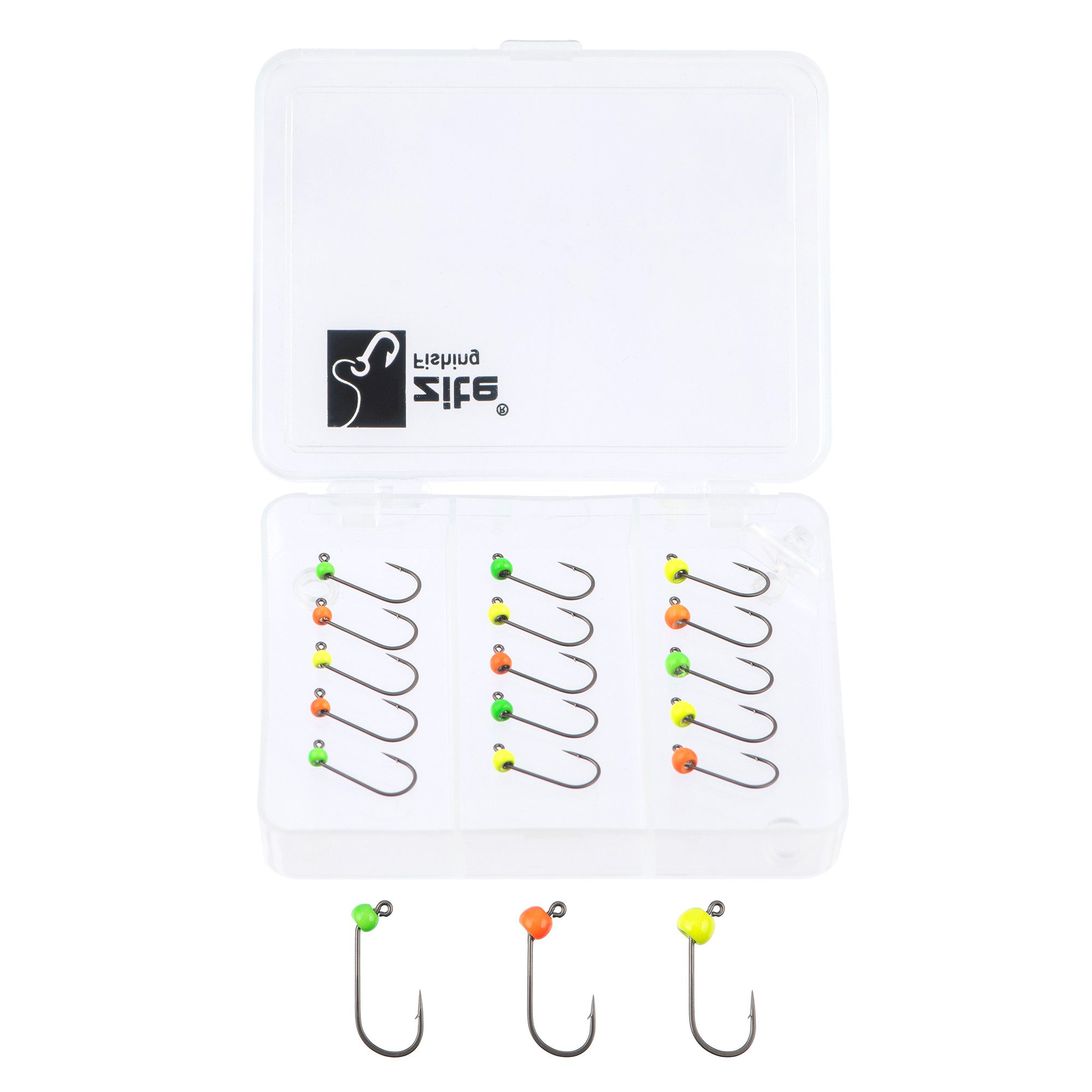 Zite Jighaken Tungsten ProSharp Angelhaken Set 3 Gr. #4, #6, #8 Neon in Sortierbox