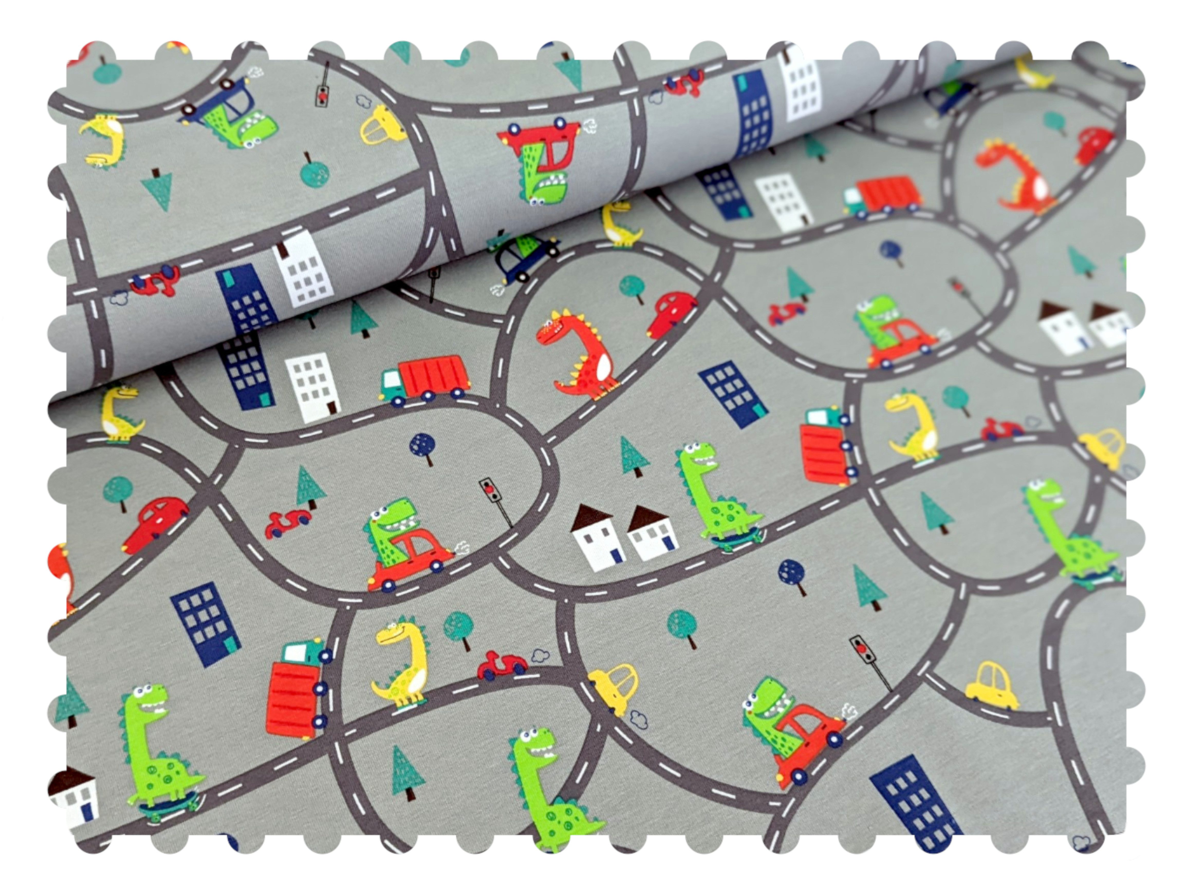 Corileo Stoff Baumwolljersey Dino im Auto auf der Straße Hellgrau Stoff Meterware