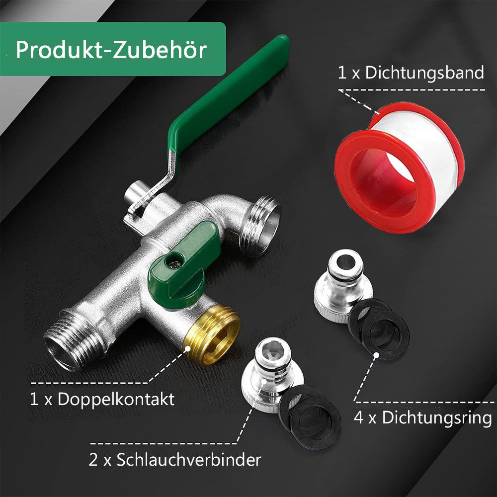 TUWENA Absperrventil Doppel Auslaufhahn, Garten Wasserhahn 1/2 Zoll & 3/4 Zoll Kugelhahn, Messing Rost-und Frostsicher, 2 Schlauchanschlüsse, 1 Rollendichtband – Bild 3 von 5