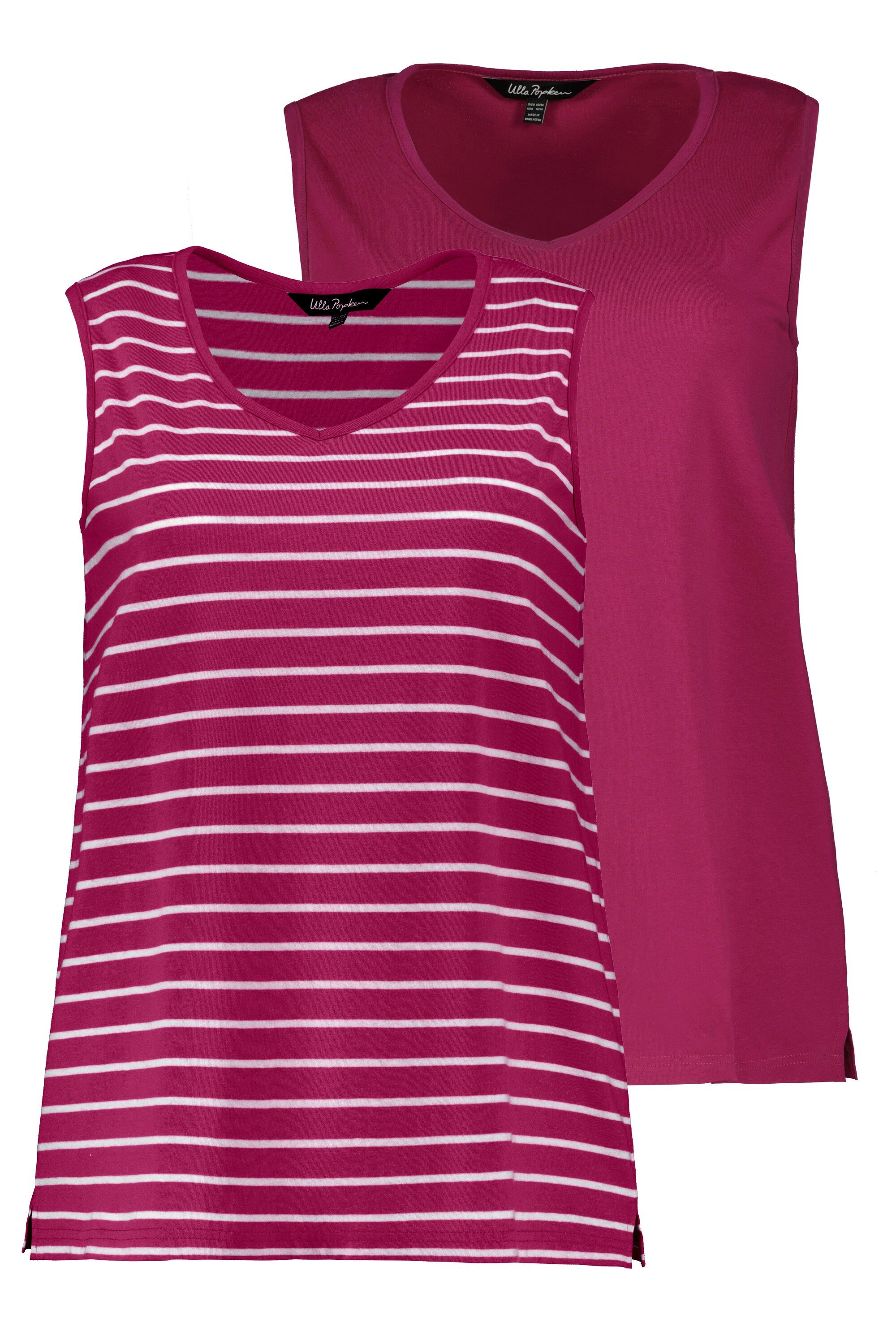 Ulla Popken Longtop Top 2er-Pack Ringel/uni V-Ausschnitt ärmellos (2-tlg)