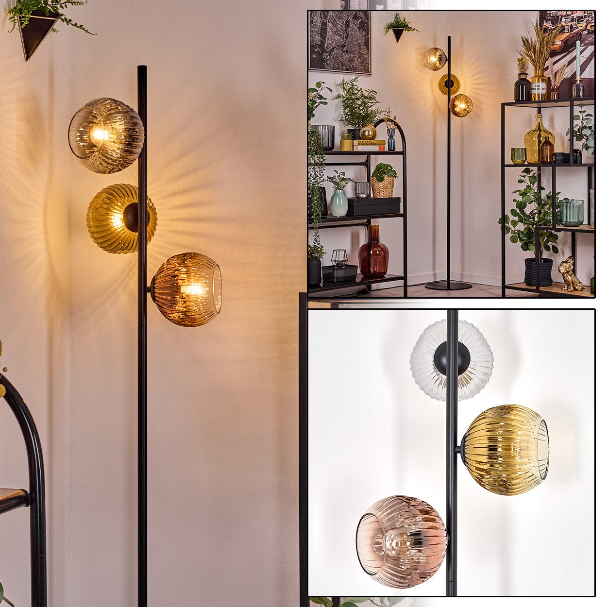 hofstein Stehlampe Stehlampe aus Metall/Riffelglas in Schwarz/Gold/Kupfer/Rauch/Klar, Leuchte im Retro-Design (Schirme 15cm), Fußschalter, 160cm, E14