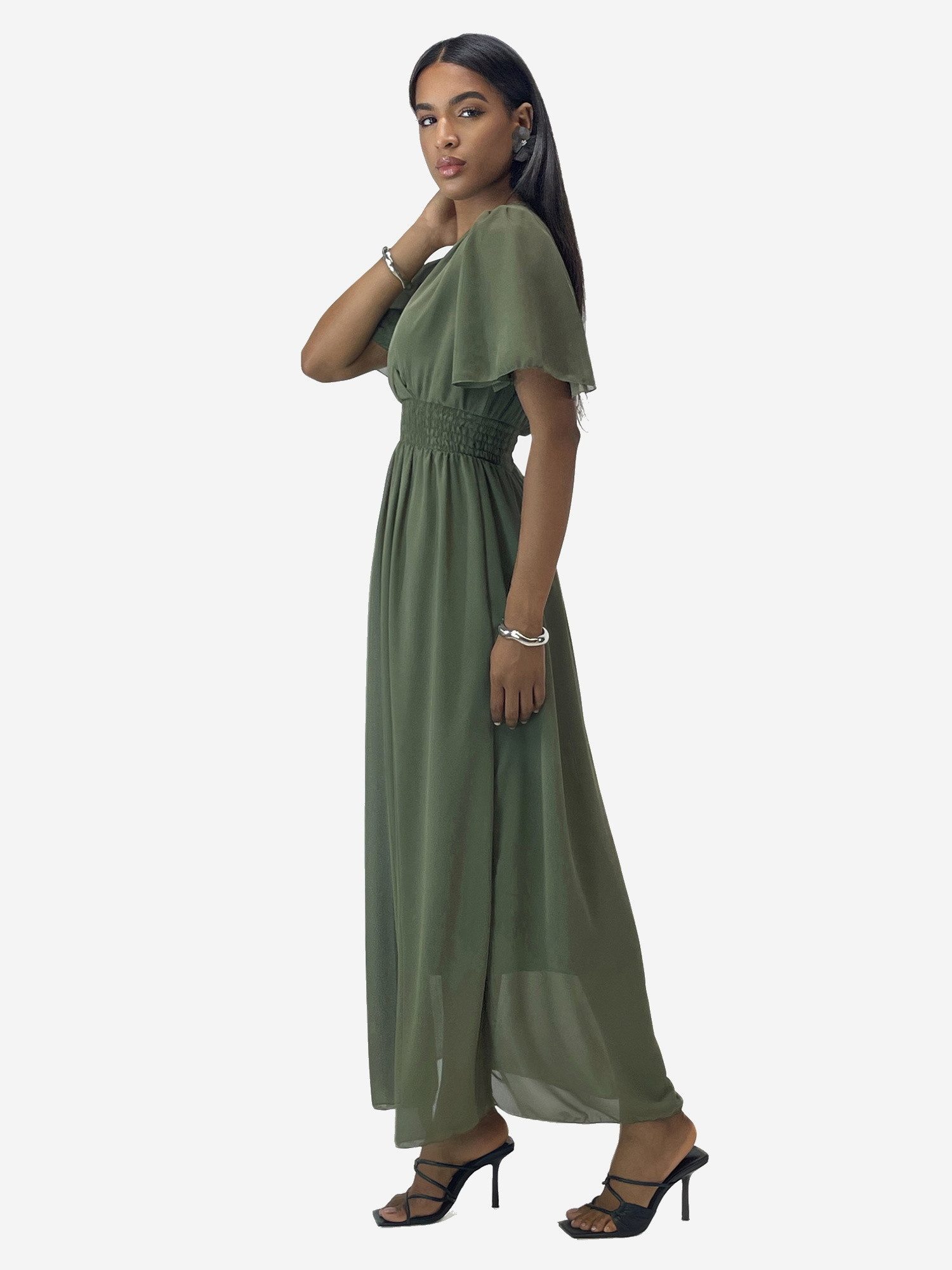 Elara Maxikleid — Damen Sommerkleid mit Wickeloptik, Smoktaille & Flügelärmeln (1-tlg) – Bild 3 von 5